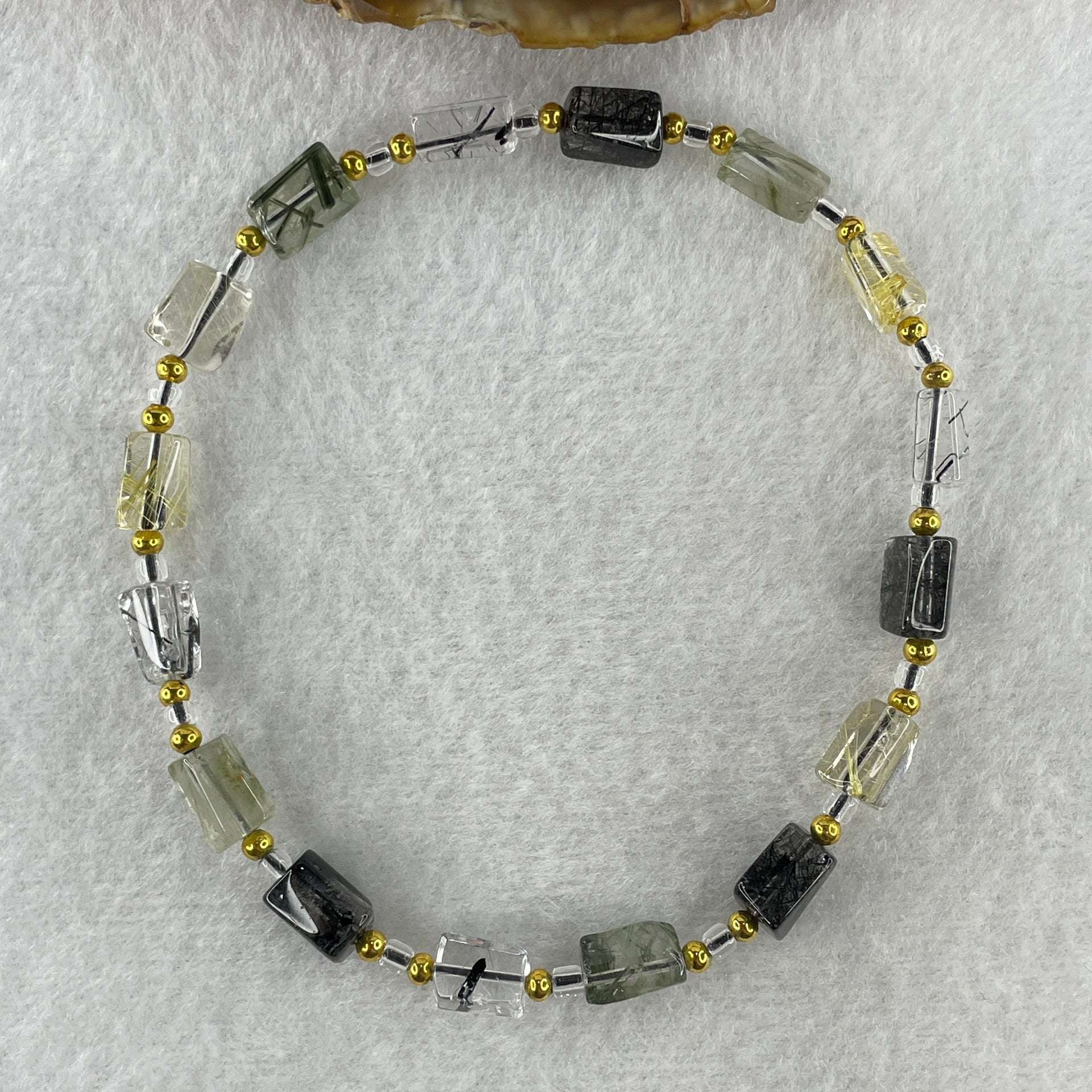 Natural Black with Gold and Green Rutilated Quartz Pebble Shape Beads Bracelet 11.91g 21cm 6.2mm 16Pcs - Huangs Jadeite and Jewelry Pte Ltd