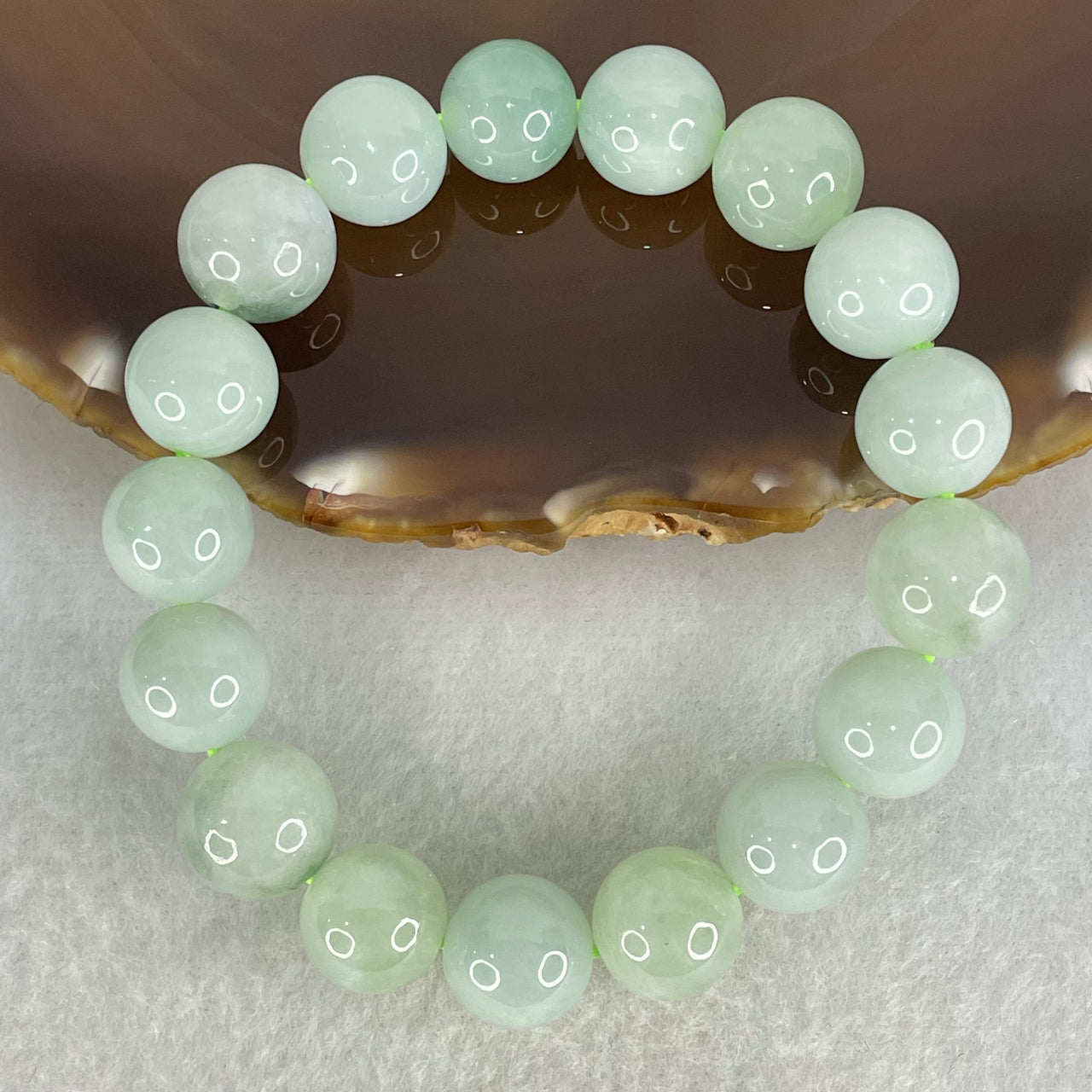 Type A Light Green and Blueish Green Patch Jadeite Beads Bracelet 44.03g 16.5cm by 12.0mm 17 Beads - Huangs Jadeite and Jewelry Pte Ltd