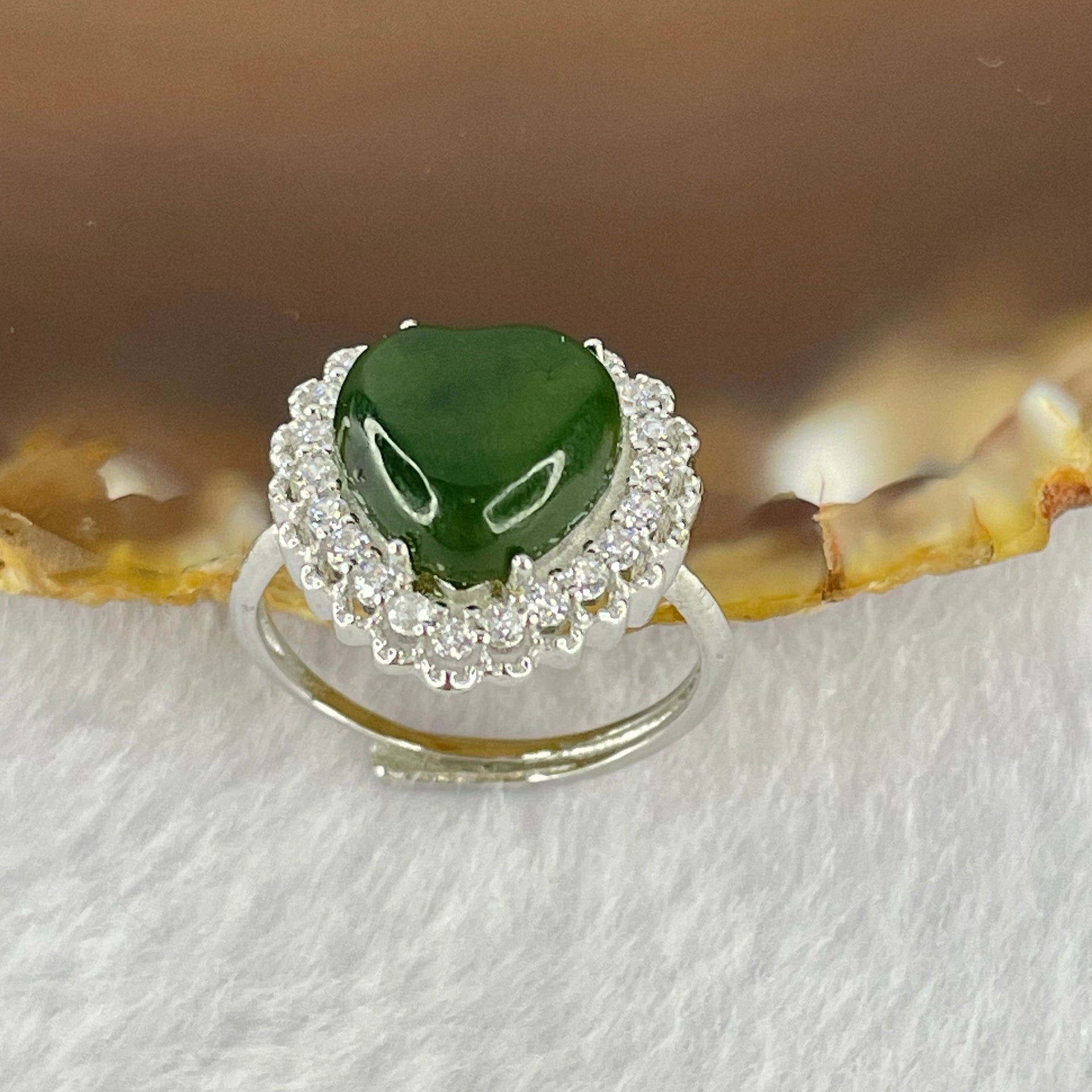 Natural Green Nephrite with Crystals In S925 Sliver Ring  (Adjustable Size) 2.92g 10.4 by 10.0 by 5.0mm - Huangs Jadeite and Jewelry Pte Ltd