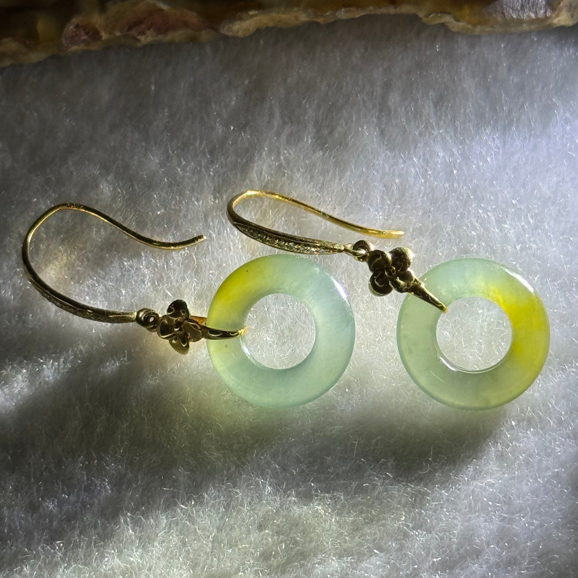 Type A Icy Blueish Green with Yellow Ping An Kou Jade Jadeite Earrings 18k Yellow Gold 2.12g 30.8 by 12.6 by 2.6mm - Huangs Jadeite and Jewelry Pte Ltd