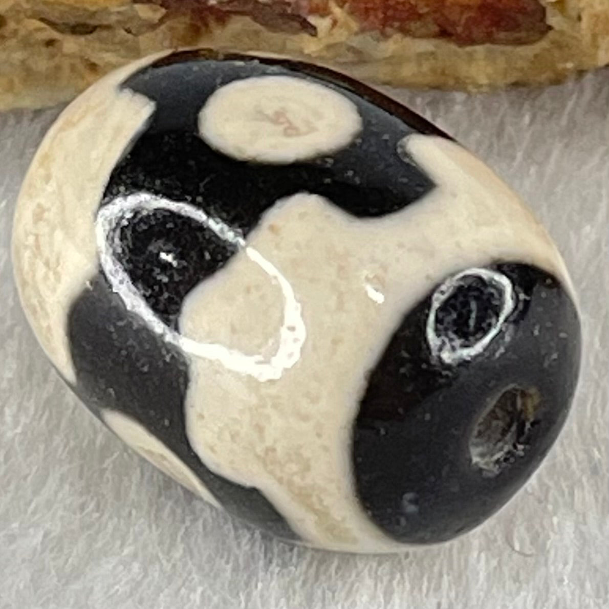 Natural Powerful Tibetan Old Oily Dark Brown With White Agate 3 Eyes Dzi Bead Heavenly Master (Tian Zhu) 三眼天诛 4.90g 17.8 by 13.5mm - Huangs Jadeite and Jewelry Pte Ltd