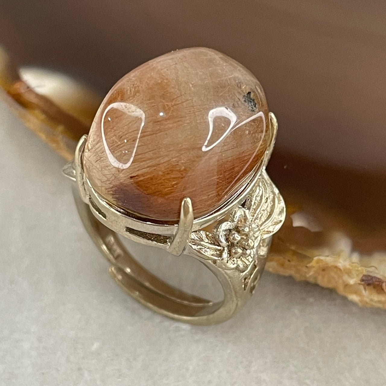 Average Grade Natural Copper Rutilated Quartz Cabochon in S925 Silver Flower design Ring (Adjustable Size) 8.20g 19.0 by 14.1 by 11.5mm - Huangs Jadeite and Jewelry Pte Ltd