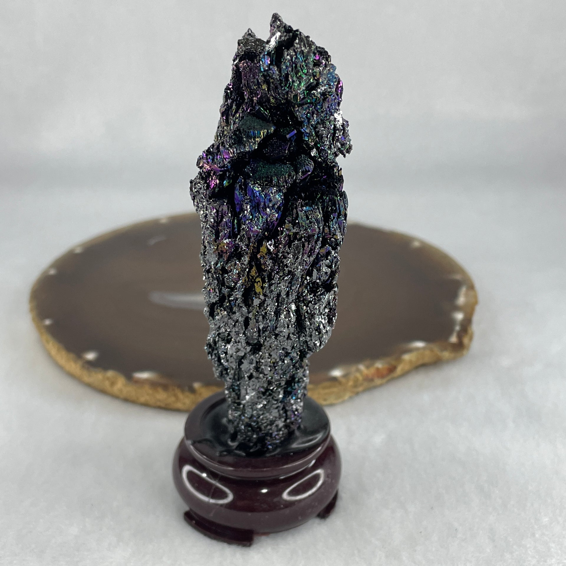 Natural Black Moissanite Rough Display with Wooden Stand 205.68g 70.7 by 45.0 by 132.5mm - Huangs Jadeite and Jewelry Pte Ltd