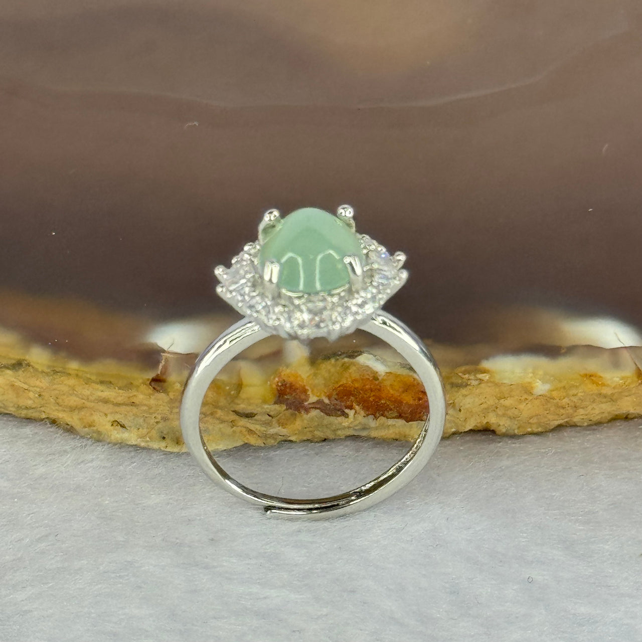Type A Semi Icy Light Green Jadeite with Crystals in S925 Sliver Ring (Adjustable Size) 2.59g 9.2 by 7.5 by 5.0mm - Huangs Jadeite and Jewelry Pte Ltd
