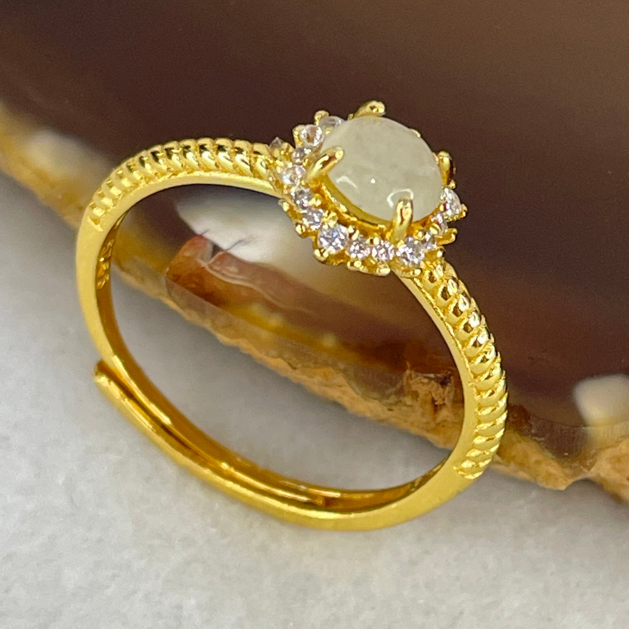 Type A Icy Cabochon Green Jadeite in S925 Sliver Gold Color Ring (Adjustable Size) 1.29g 5.3 by 4.7 by 2.5mm - Huangs Jadeite and Jewelry Pte Ltd