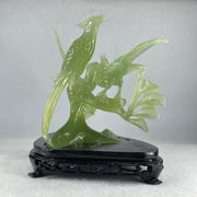 Natural Semi Icy Green Serpentine 3 Phoenix on Tree with Wooden Stand Display 705.1g 242.0 by 140.0 by 195.0mm - Huangs Jadeite and Jewelry Pte Ltd