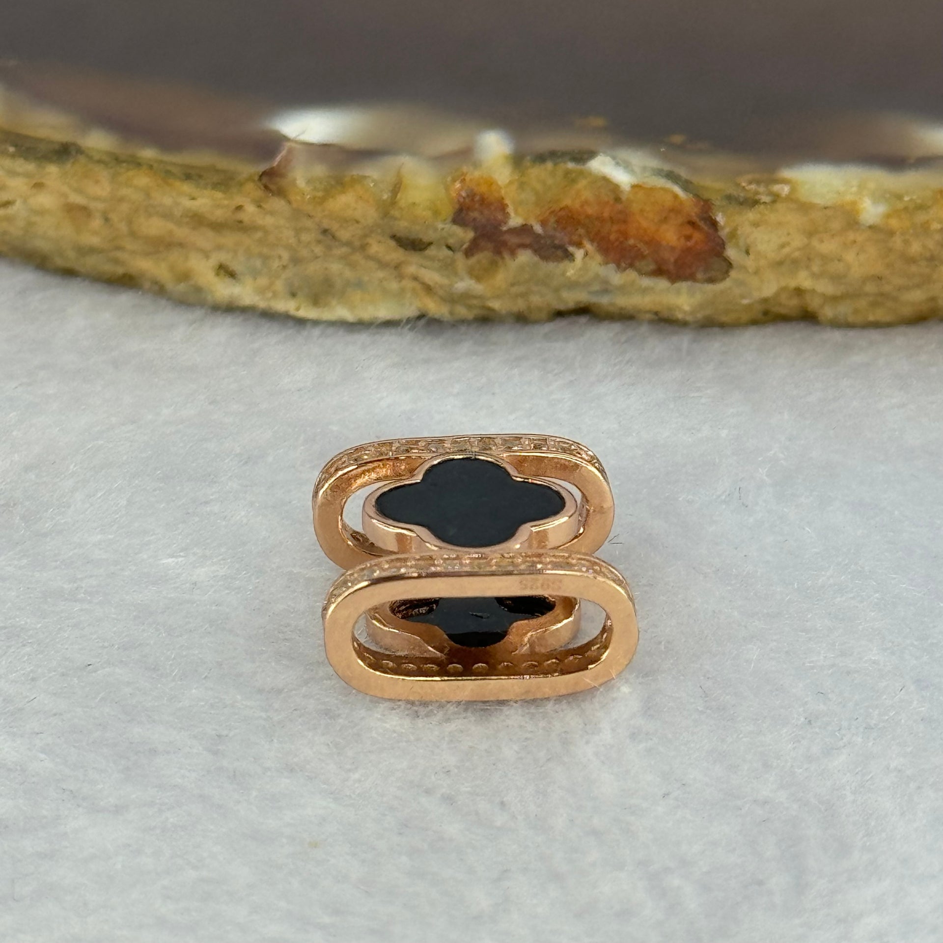 Type A Translucent Black Omphasite Jadeite Double Sided Clover with Crystals in S925 Sliver Rose Gold Color Charm 2.05g 7.7 by 7.7 by 1.5mm - Huangs Jadeite and Jewelry Pte Ltd