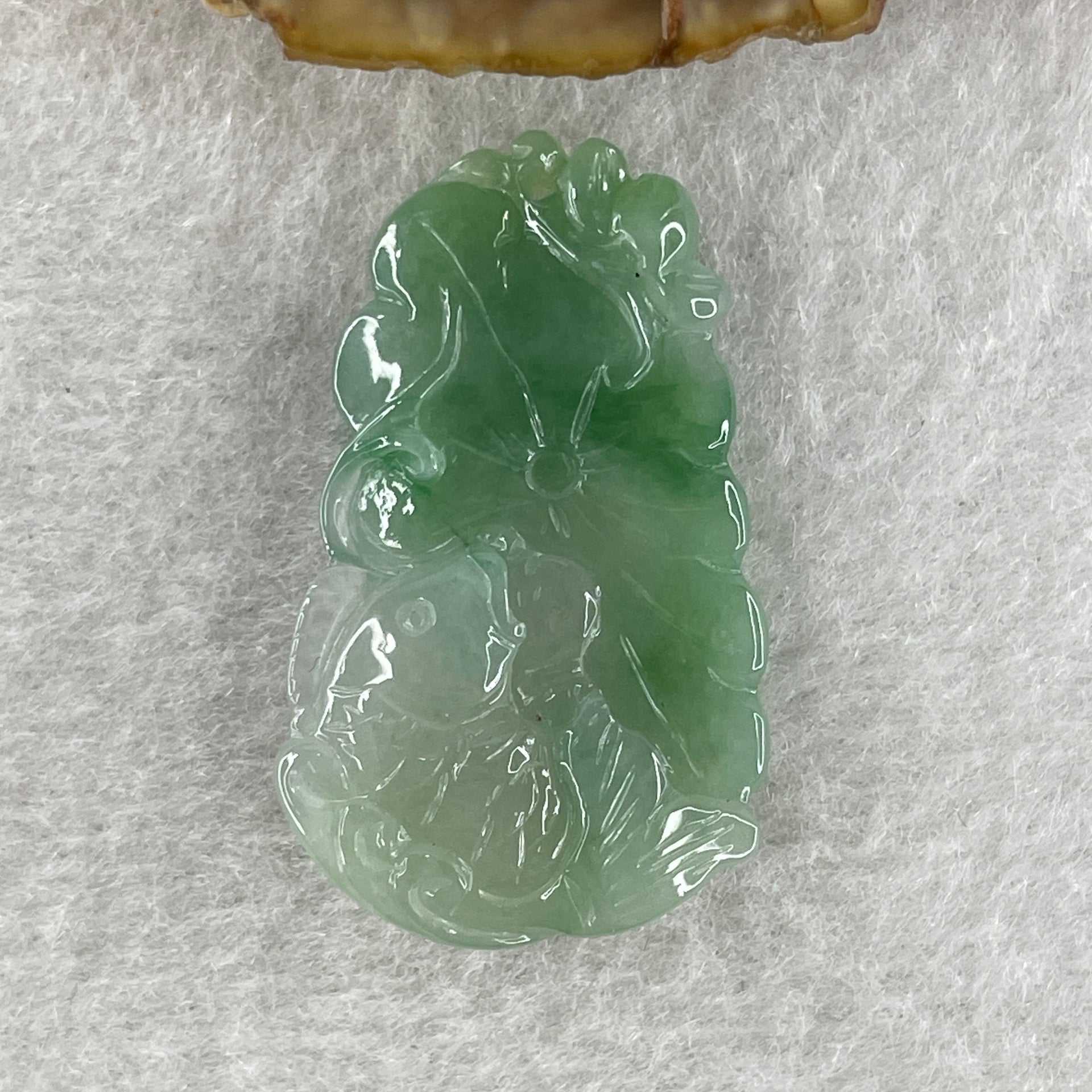 Natural Type A Jelly Green with Faint Green and Emerald Green Jadeite Carp Fish on Lotus Leaf Pendant 6.34g 34.1 by 20.3 by 6.3mm - Huangs Jadeite and Jewelry Pte Ltd
