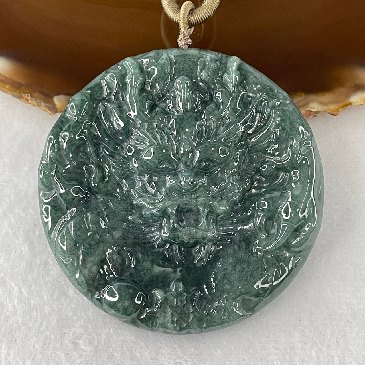 Certified Natural Type A Blueish-Green Jadeite Dragon Head Pendant | Masterpiece Three-Dimensional Hand-Carving | Monumental Myanmar Feicui "Long Tou" Sovereign Power & Asset Protection Monolith (60.16g | 61.7x8.9mm Medallion Profile)