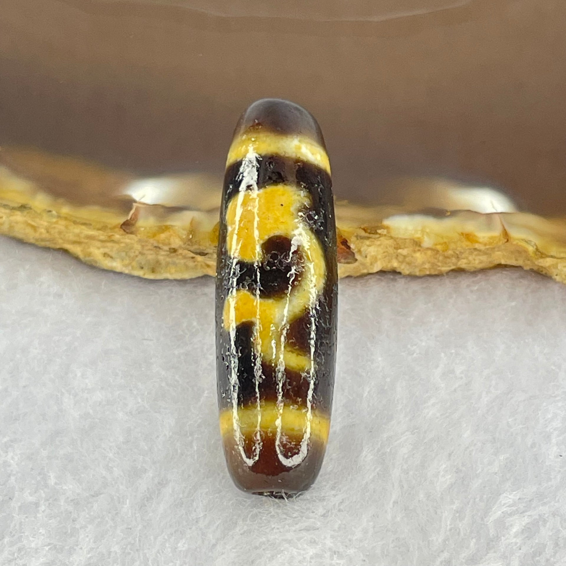 Natural Powerful Tibetan Old Oily Brown Yellowish White Agate Green Tara Dzi Bead Heavenly Master (Tian Zhu) 绿度母天珠 7.47g 38.2 by 11.6mm - Huangs Jadeite and Jewelry Pte Ltd