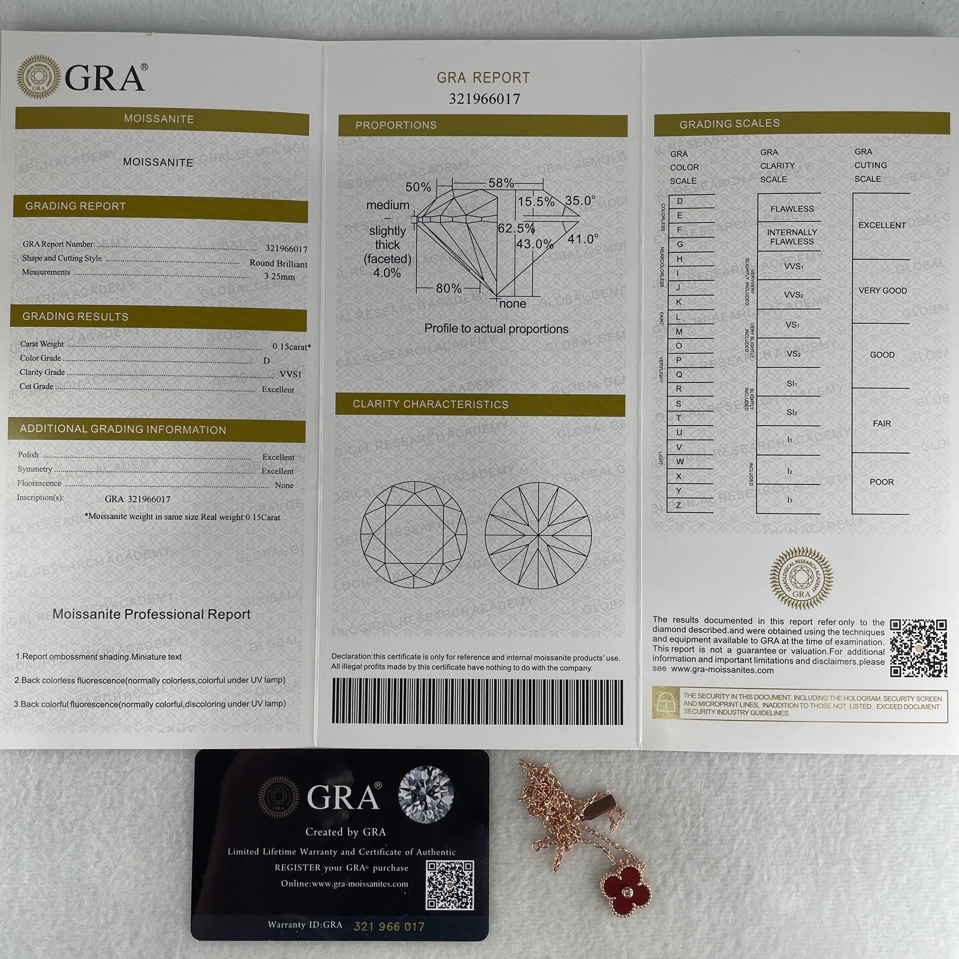 0.15Ct Colourless Round Brilliant Diameter 3.25mm VVS1 Excellent Cut Moissanite Excellent Polish Excellent Symmetry None Florescence in S925 Gold Color Red 4 Leaf Clover Necklace Length 36-45cm GRA 321966017 - Huangs Jadeite and Jewelry Pte Ltd