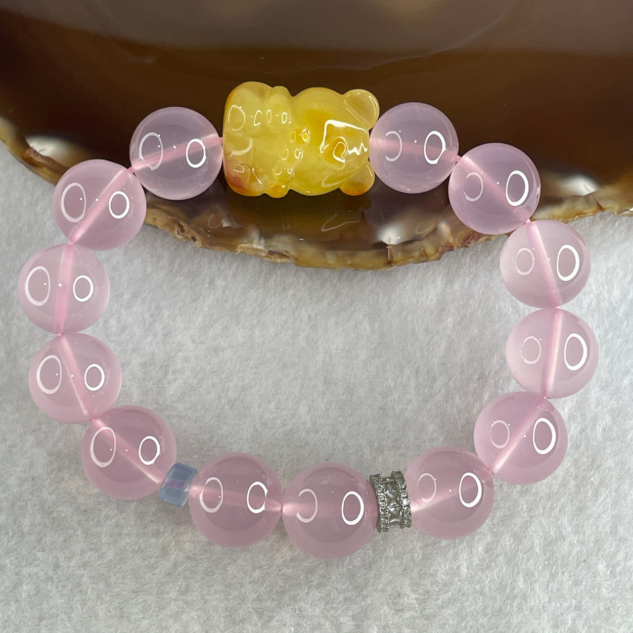 Natural Rose Quartz Beads with Amber Fortune Cat Charm Bracelet 56.85g 16.5cm 24.3 by 17.9 by 16.7mm Cat - 14.2mm 13 Beads - Huangs Jadeite and Jewelry Pte Ltd