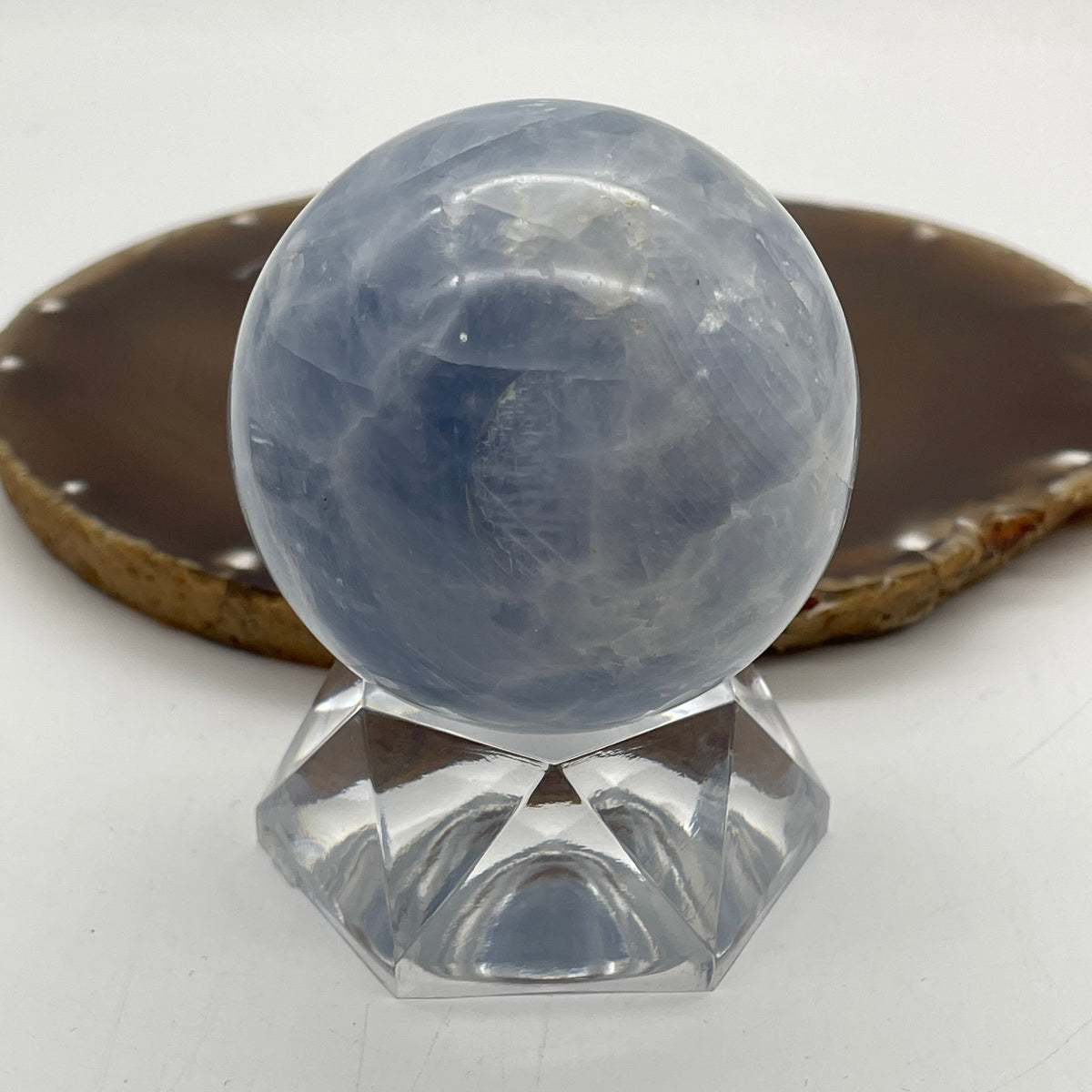 Natural Blue Calcite Ball with Clear Acrylic Stand Display | (315.99g | 58.0mm | 76.0mm | Catalyst, Clear Communication & Mindful Peace Anchor, 360° Energy Harmonizer & Feng Shui Tranquility Sphere)