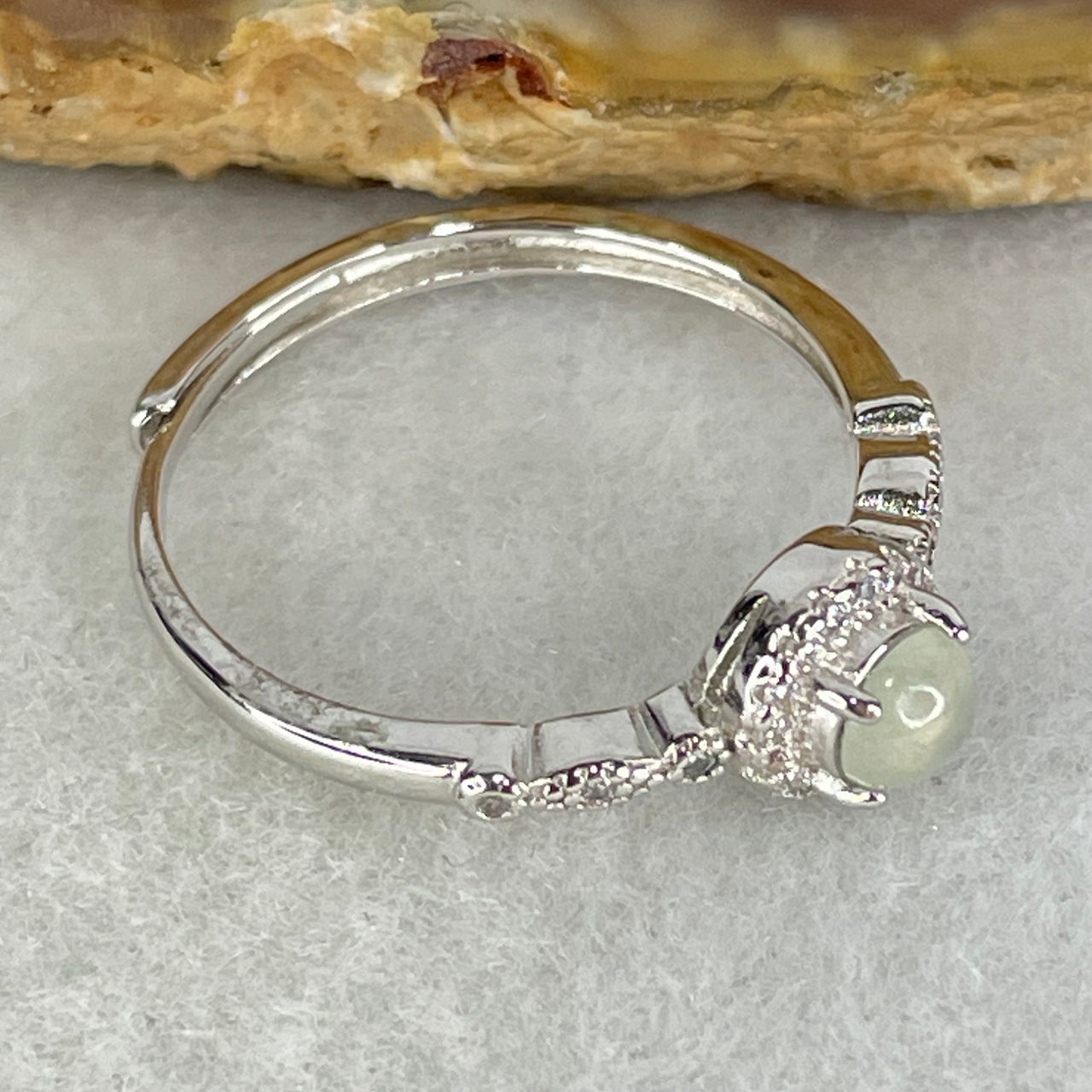 Type A Semi Icy Light Lavender Cabochon Jadeite in S925 Sliver Ring (Adjustable Size) 1.43g 4.2 by 2.5mm - Huangs Jadeite and Jewelry Pte Ltd