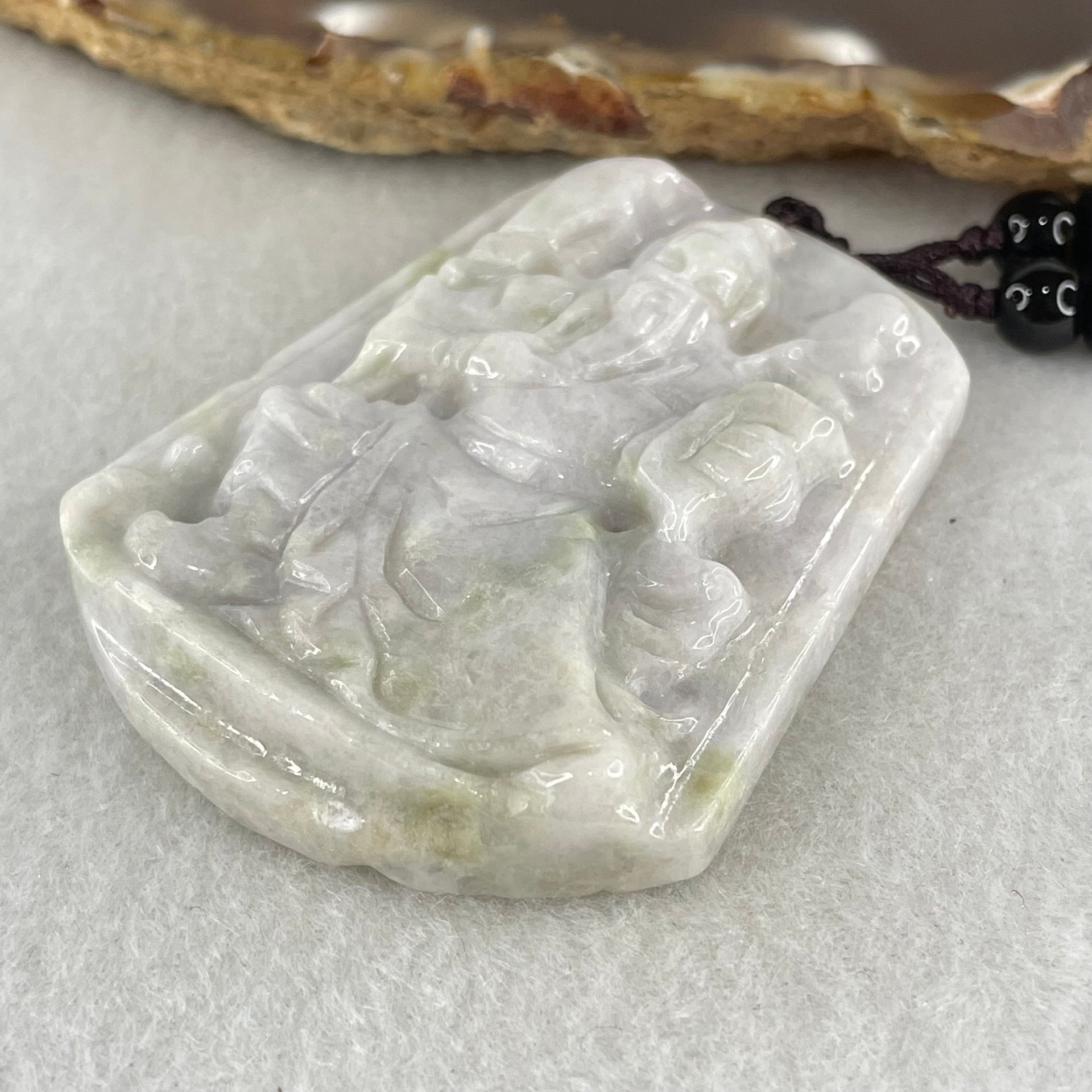 Type A Faint Lavender Green Jadeite Guan Gong Pendant 44.09g 54.8 by 43.4 by 9.8mm (Slight Rough on Bottom) - Huangs Jadeite and Jewelry Pte Ltd