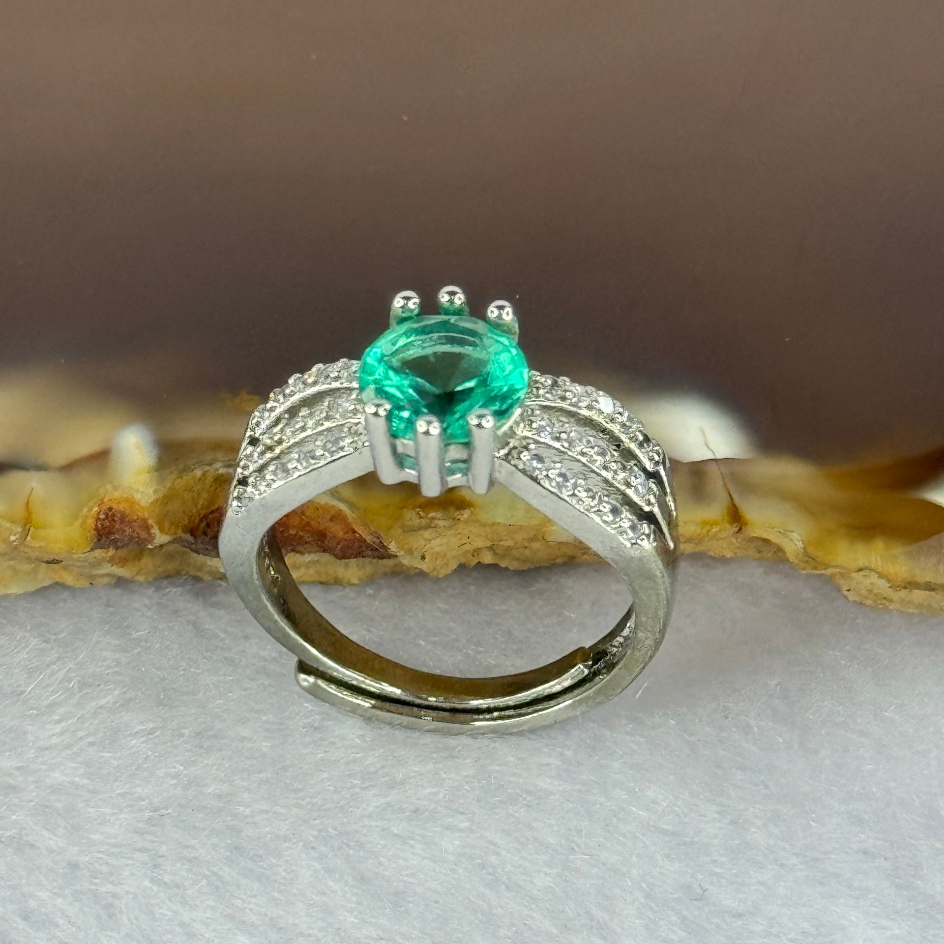 Blueish Green Cubic Zirconia in PT950 Plated S925 Sliver Ring (Adjustable Size) 2.91g 6.8 by 4.3mm - Huangs Jadeite and Jewelry Pte Ltd