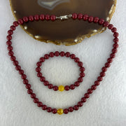 Natural Cinnabar with Amber Bracelet 16cm 8.5mm Necklace with Amber 44cm 8.5mm Set Total Weight 85.30g - Huangs Jadeite and Jewelry Pte Ltd