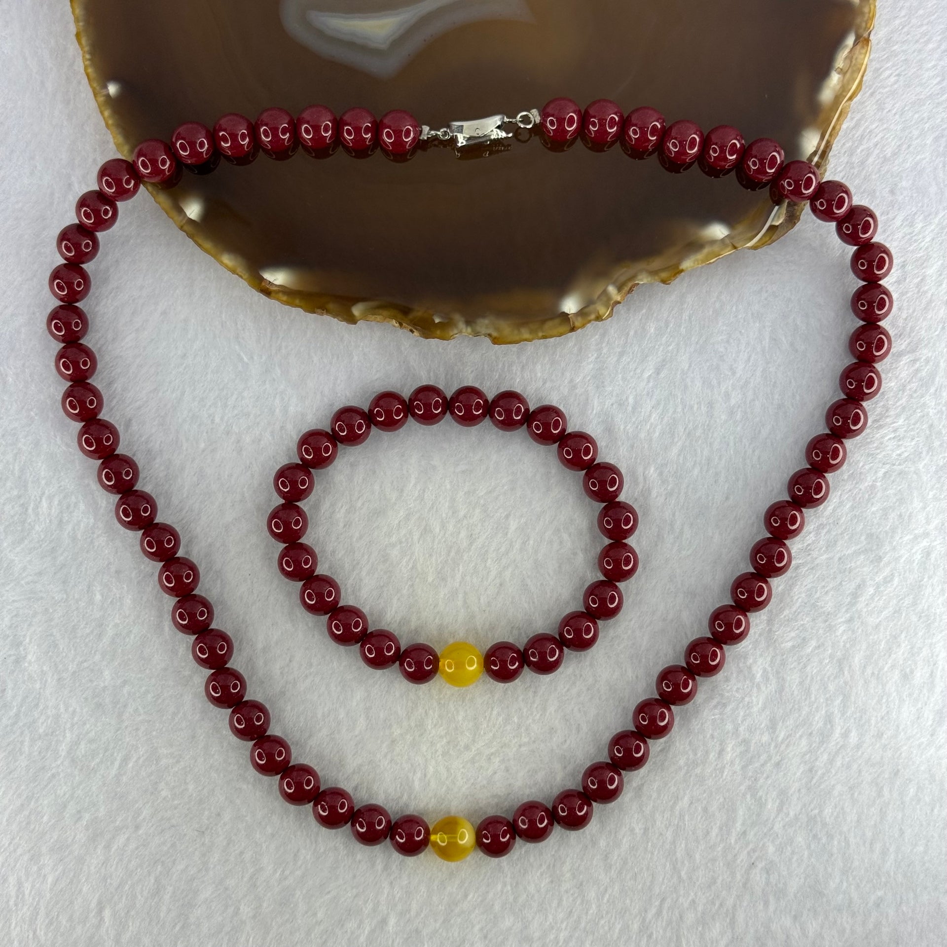 Natural Cinnabar with Amber Bracelet 16cm 8.5mm Necklace with Amber 44cm 8.5mm Set Total Weight 85.30g - Huangs Jadeite and Jewelry Pte Ltd