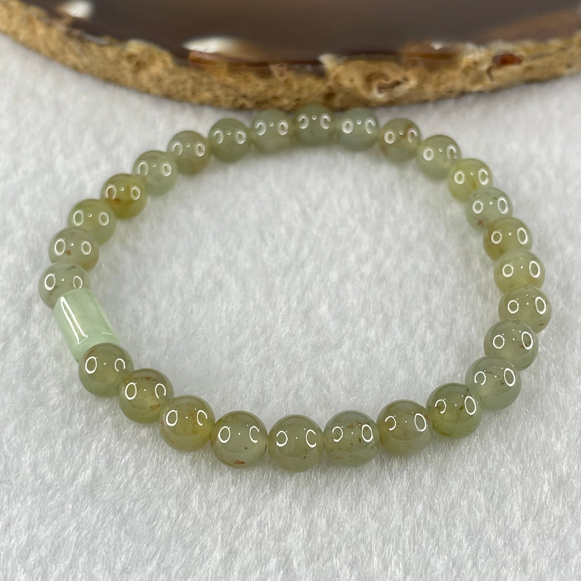 Type A Brownish Semi Icy Light Blueish Green and Yellow Jadeite Beads with White Lulu Tong Bracelet 13.12g 15.5cm 6.5cm 27 Beads 8.5 by 5.8 1pcs - Huangs Jadeite and Jewelry Pte Ltd
