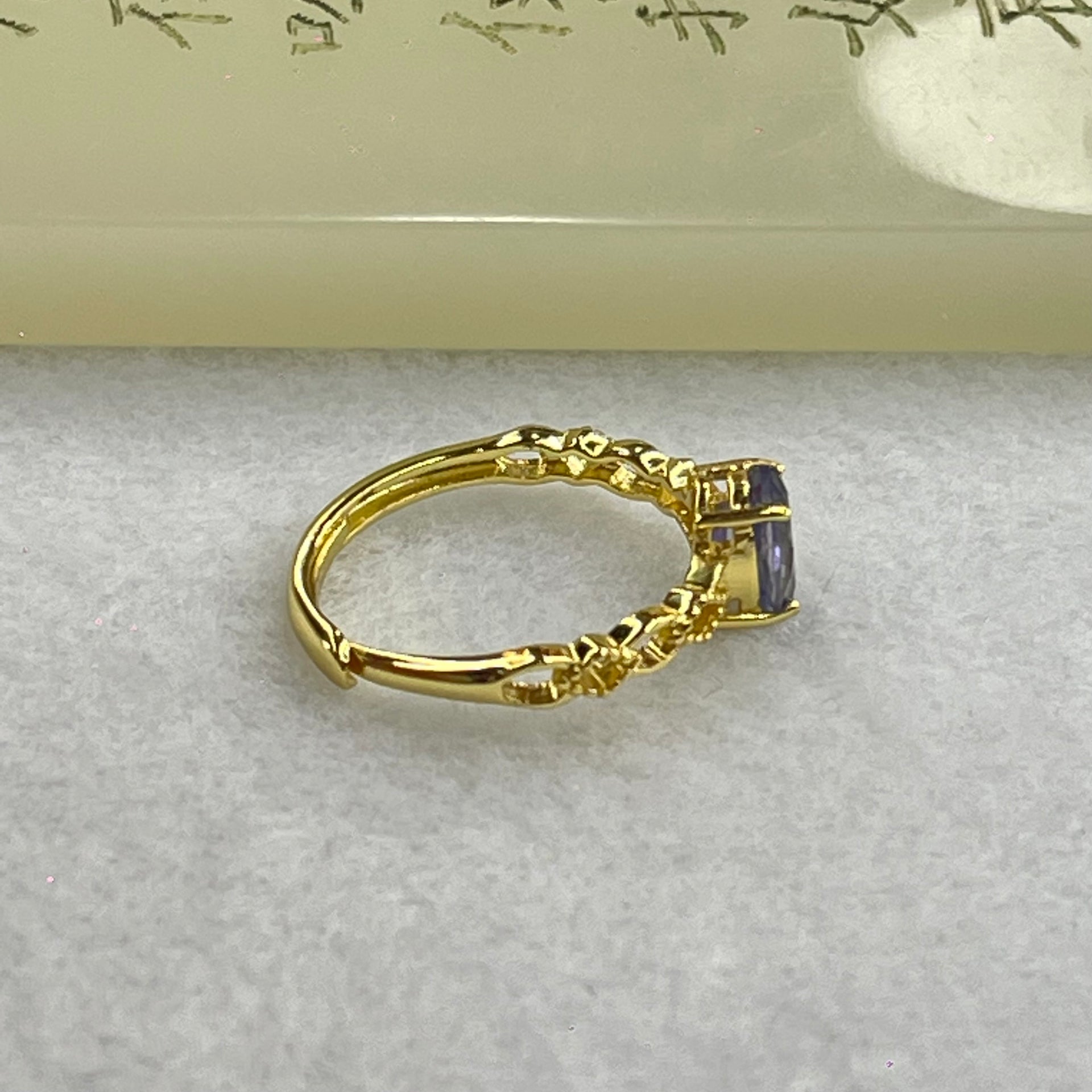 Blue Cubic Zirconia in Sliver Gold Color Ring (Adjustable Size) 1.44g 6.9 by 4.9 by 2.0mm - Huangs Jadeite and Jewelry Pte Ltd