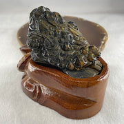 Natural Yellow Tiger's Eye Quartz 3 Legged Toad with Ancient Coin with Wooden Stand Display 412.4g 108.5 by 83.0 by 94.5mm - Huangs Jadeite and Jewelry Pte Ltd