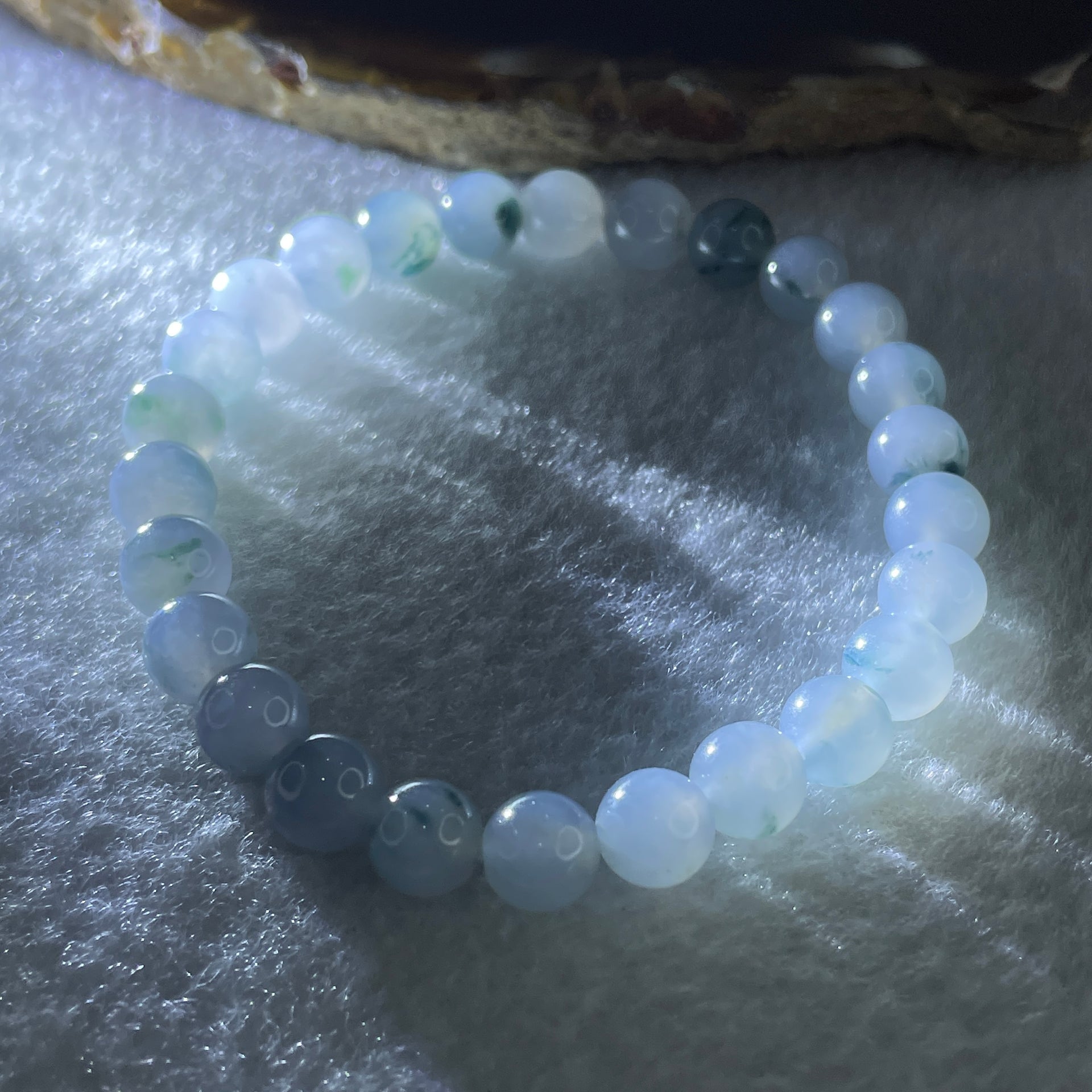 Natural Type A Semi Icy Lavender with Blueish Green Piao Hua Jadeite Beads Bracelet 15.79g 15cm 7.2mm 26Beads - Huangs Jadeite and Jewelry Pte Ltd