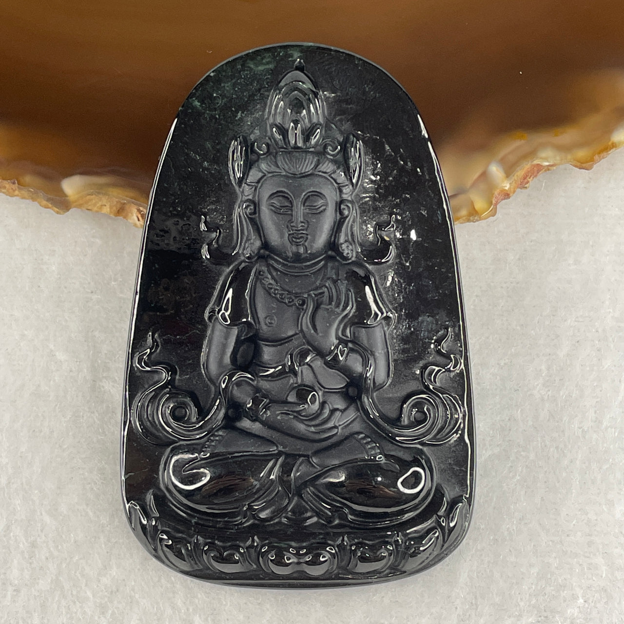 Certified Type A Opaque Black Omphacite Jadeite Bodhisattva Akashagarbha Pendant | Boundless Wisdom & Prosperity Amulet (27.88g | 63.6 x 41.5 x 8.4mm)