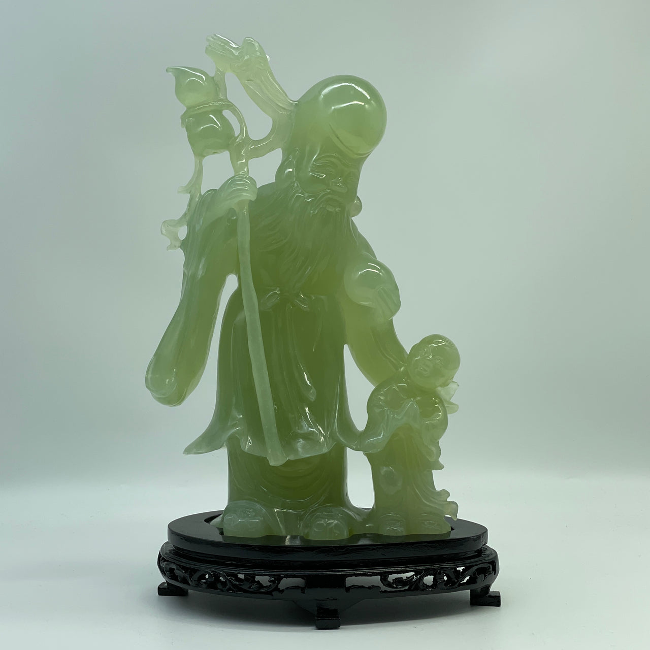 Natural Green Serpentine Shou Xing Gong and Tong Zi with Wooden Stand Display 2,599.0g 197.0 by 120.0 by 300.0mm