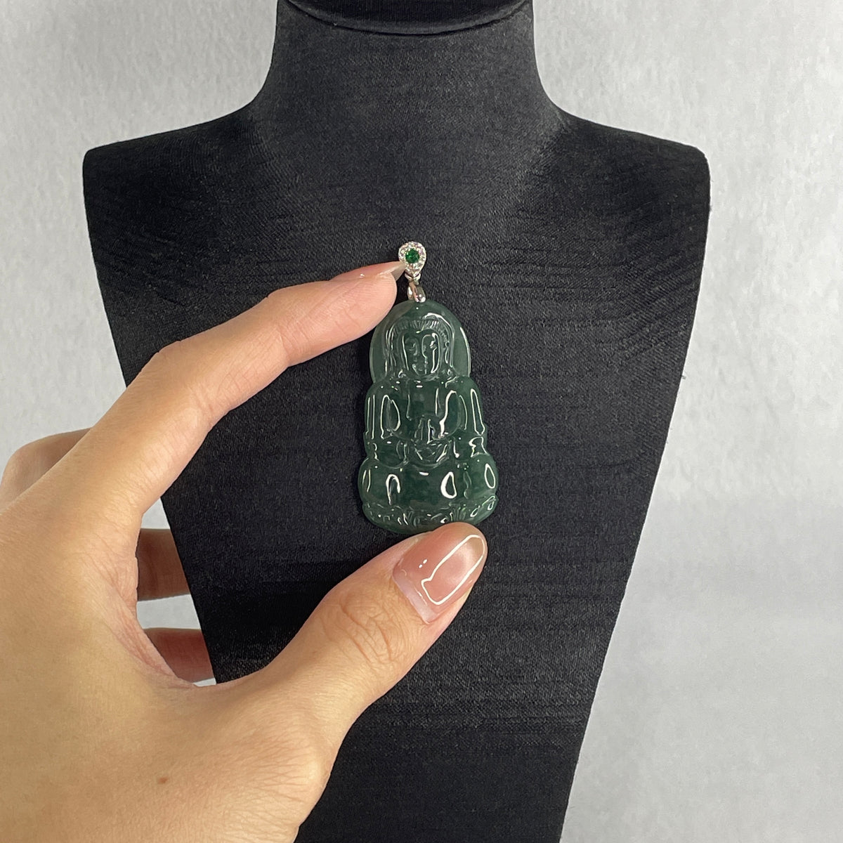 Natural Type A Icy Blueish Green Jadeite Amitabha Buddha Pendant in S925 Silver | (8.38g | 45.2 x 26.6 x 4.0mm | Infinite Light, Compassion & Lifelong Protection Anchor, Feng Shui Guardian & Executive Peace Pendant) - Huangs Jadeite and Jewelry Pte Ltd