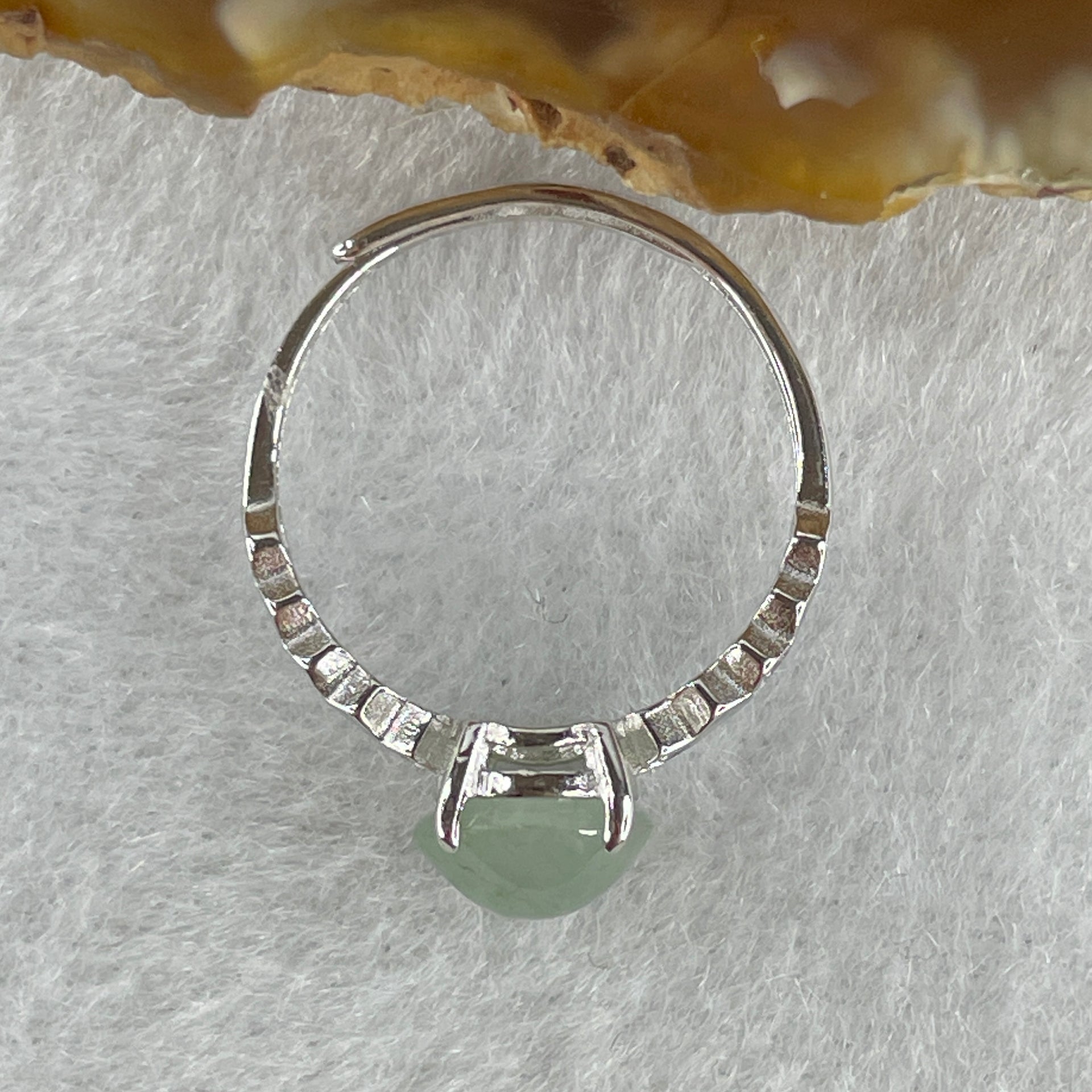 Natural Type A Semi Icy Faint Green Jadeite Round Shape Cabouchon with Cubic Zirconia in S925 Silver Ring (Adjustable Size) 1.44g 7.9 by 4.5mm - Huangs Jadeite and Jewelry Pte Ltd