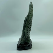 Natural Dark Green Nephrite 3 Prawns in Net with Wooden Display 2,568.0g 280.0 by 95.0 by 270.0mm - Huangs Jadeite and Jewelry Pte Ltd