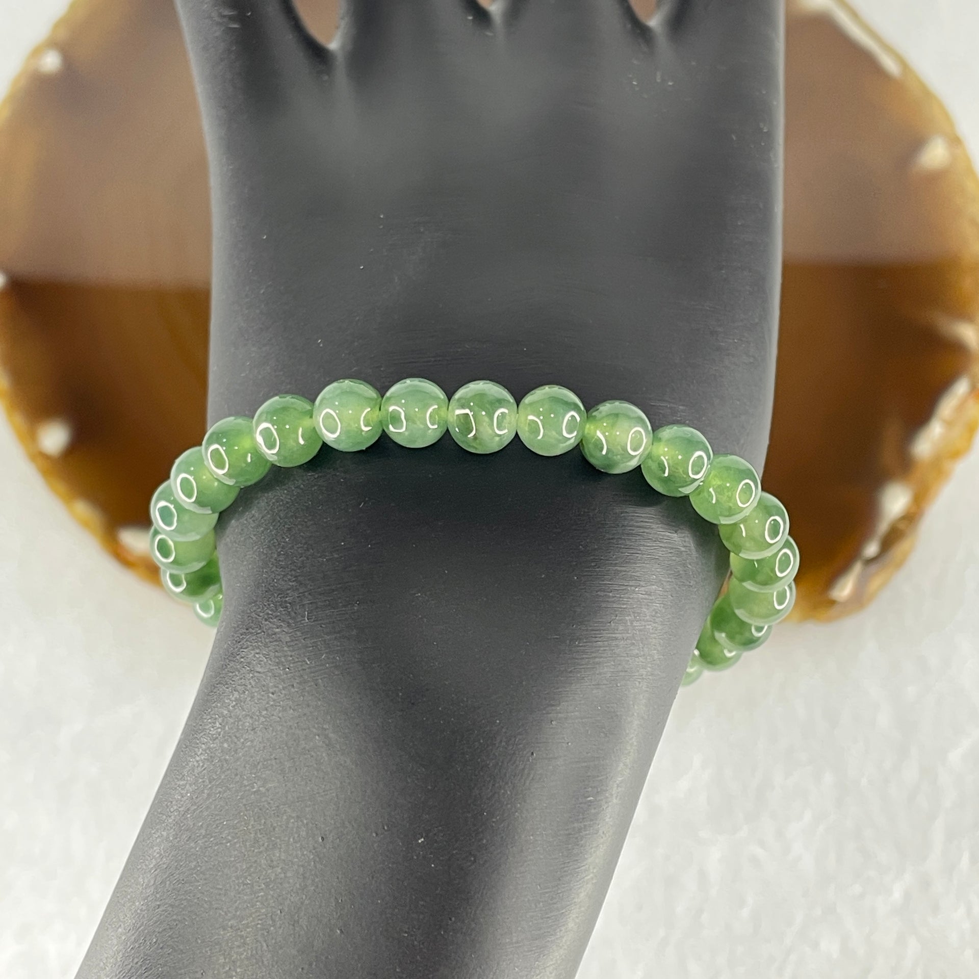 High Grade Natural Type A Blueish Green Jadeite Beads Bracelet 13.88g 15.5cm 6.6mm 29 Beads - Huangs Jadeite and Jewelry Pte Ltd