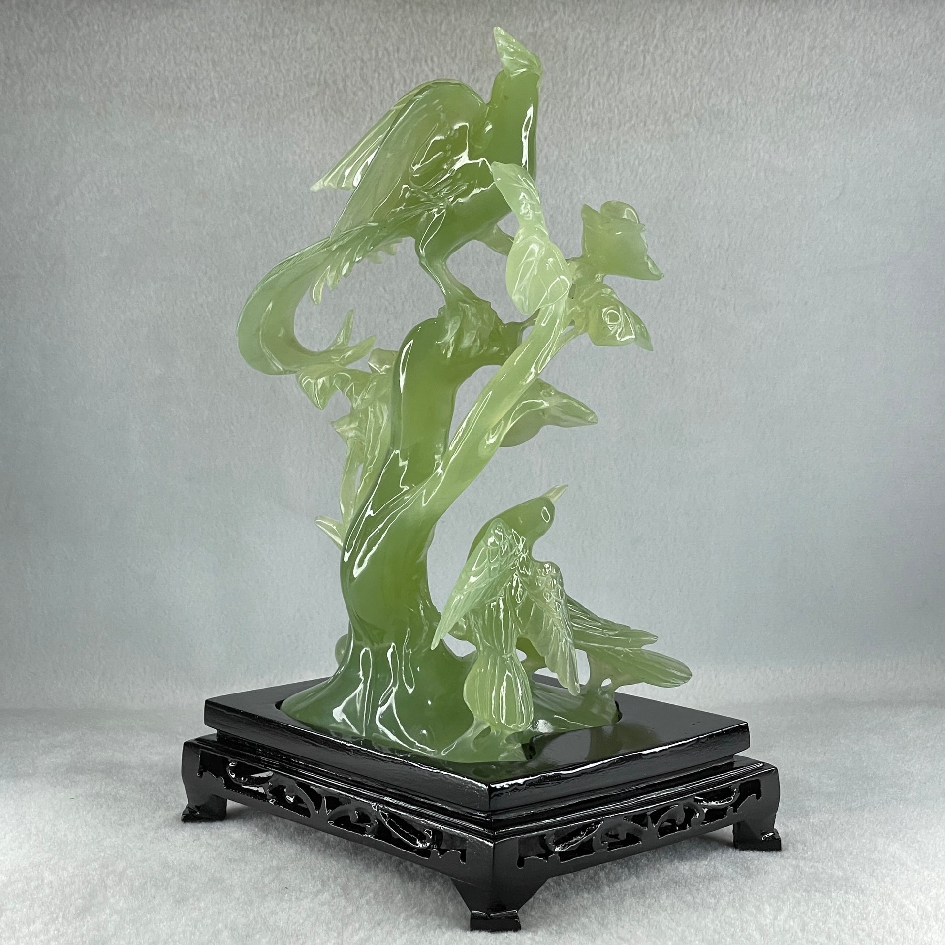 Natural Green Serpentine Phoenix with Double Magpies Birds on Tree with Wooden Stand Display 770.6g 155.0 by 125.0 by 230.0mm - Huangs Jadeite and Jewelry Pte Ltd