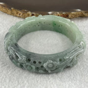 Type A Light to Dark Blueish Green Jadeite Carved with Prosperity Flowers Twin Birds and Butterfly Bangle 78.70g Internal Diameter 55.0mm 15.7 by 11.0mm - Huangs Jadeite and Jewelry Pte Ltd