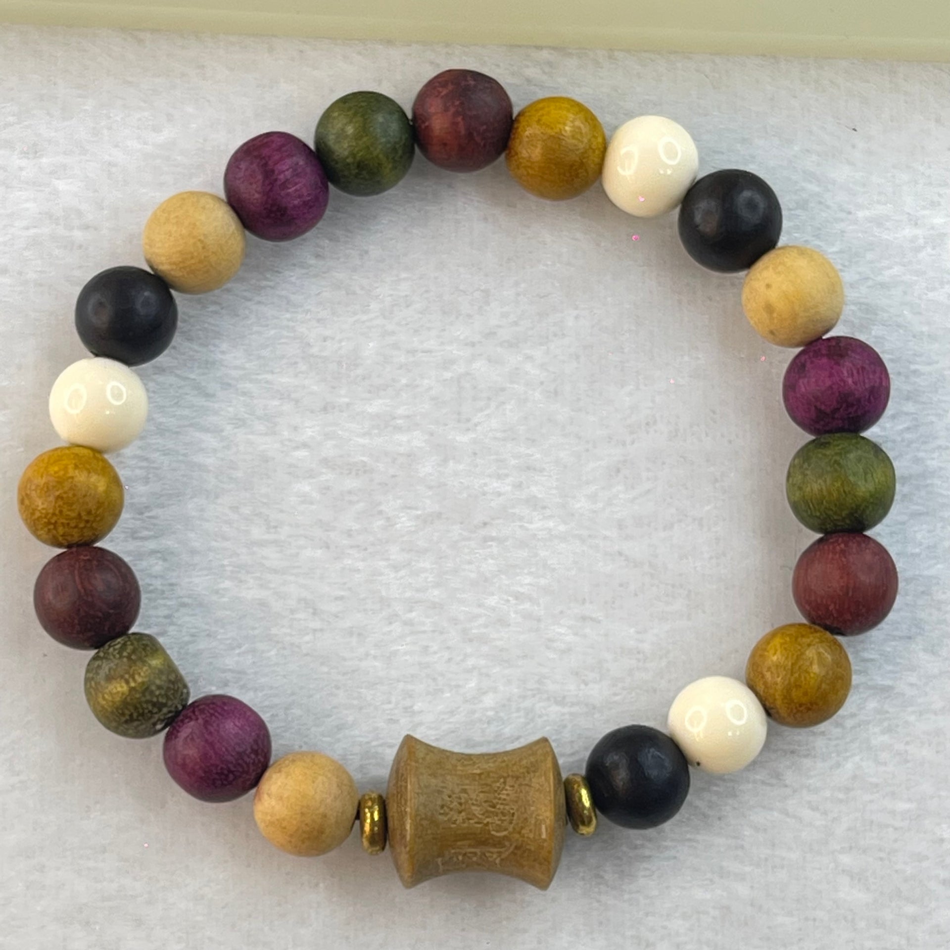 Natural Muti Color Treasures Beads with Wooden Lulutong Charm Bracelet 6.32g 15.5cm 8.4mm 21 Beads - Huangs Jadeite and Jewelry Pte Ltd