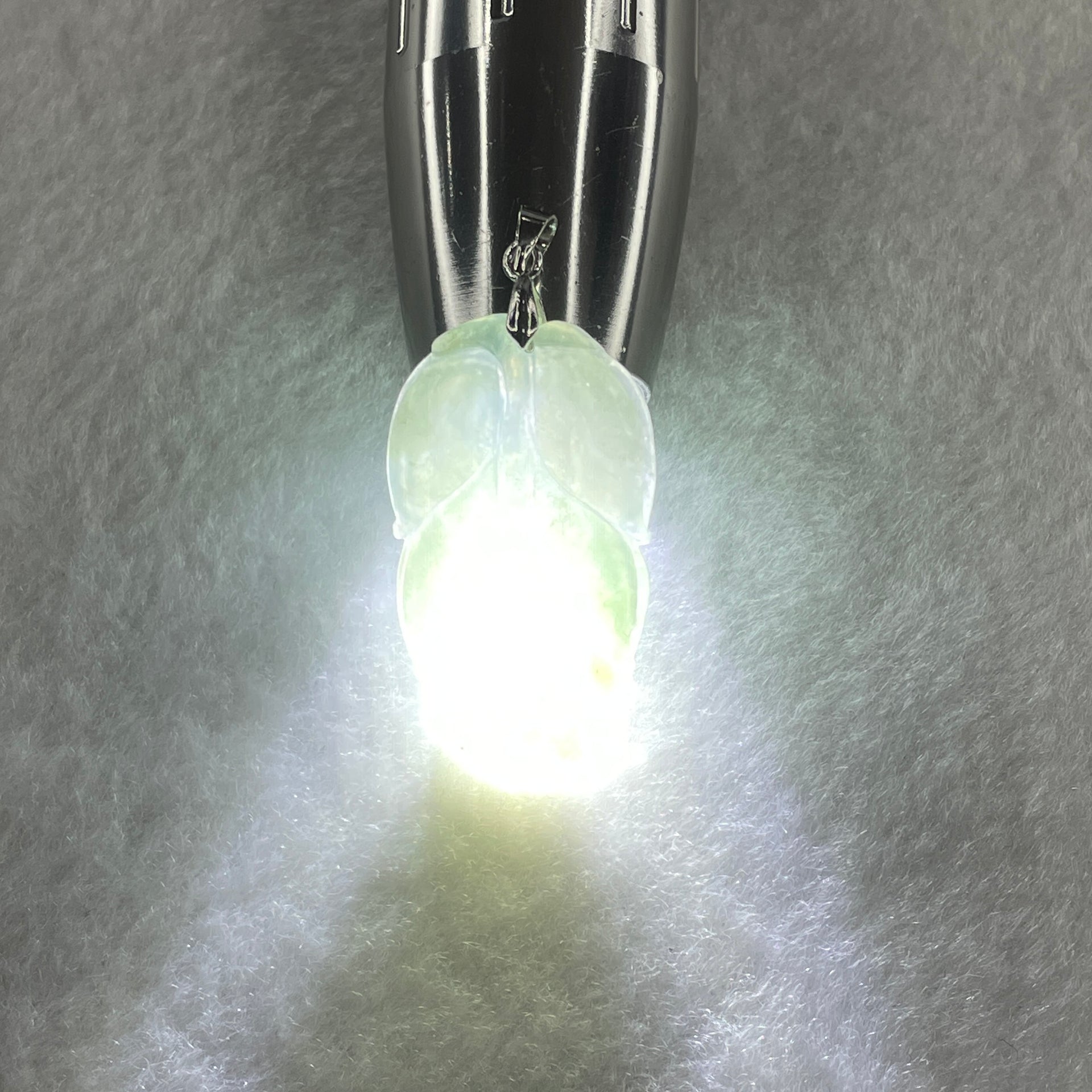 Natural Type A Semi Icy Light Green with Light Yellow Jadeite Prosperity Leaf Pendant in Silver Clasp Signifying Overnight Success 6.55g 38.4 by 21.6 by 4.0mm - Huangs Jadeite and Jewelry Pte Ltd