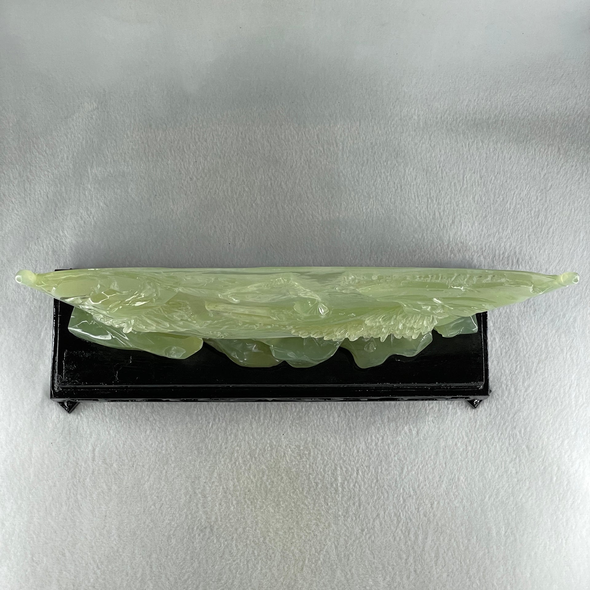 Natural Icy Light Green Serpentine Shan Shui with Gui ren Benefactor on Boat with Twin Birds with Wooden Stand Display 695.1g 242.0 by 164.0 by 83.0mm - Huangs Jadeite and Jewelry Pte Ltd