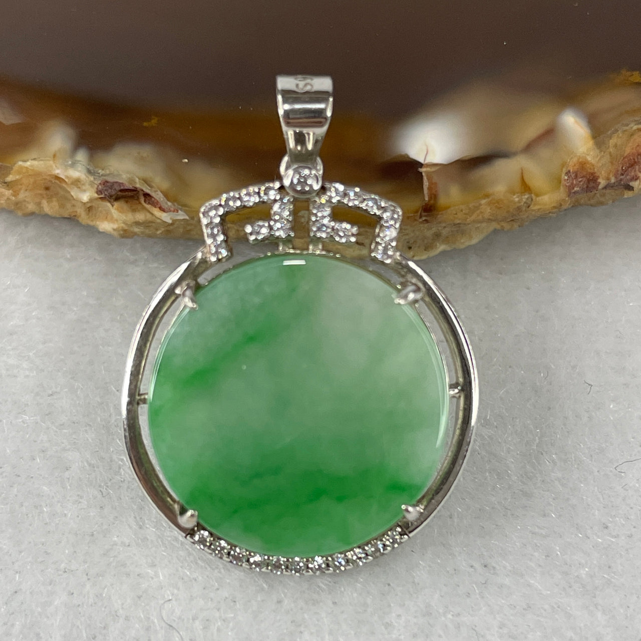 Certified Natural Type A Green & Apple Green Piao Hua Jadeite Round Wu Shi Pai Pendant | Premium S925 Sterling Silver Setting | Authentic Myanmar Feicui Universal Peace & Protection Safety Amulet (3.43g | 16.4x2.5mm)