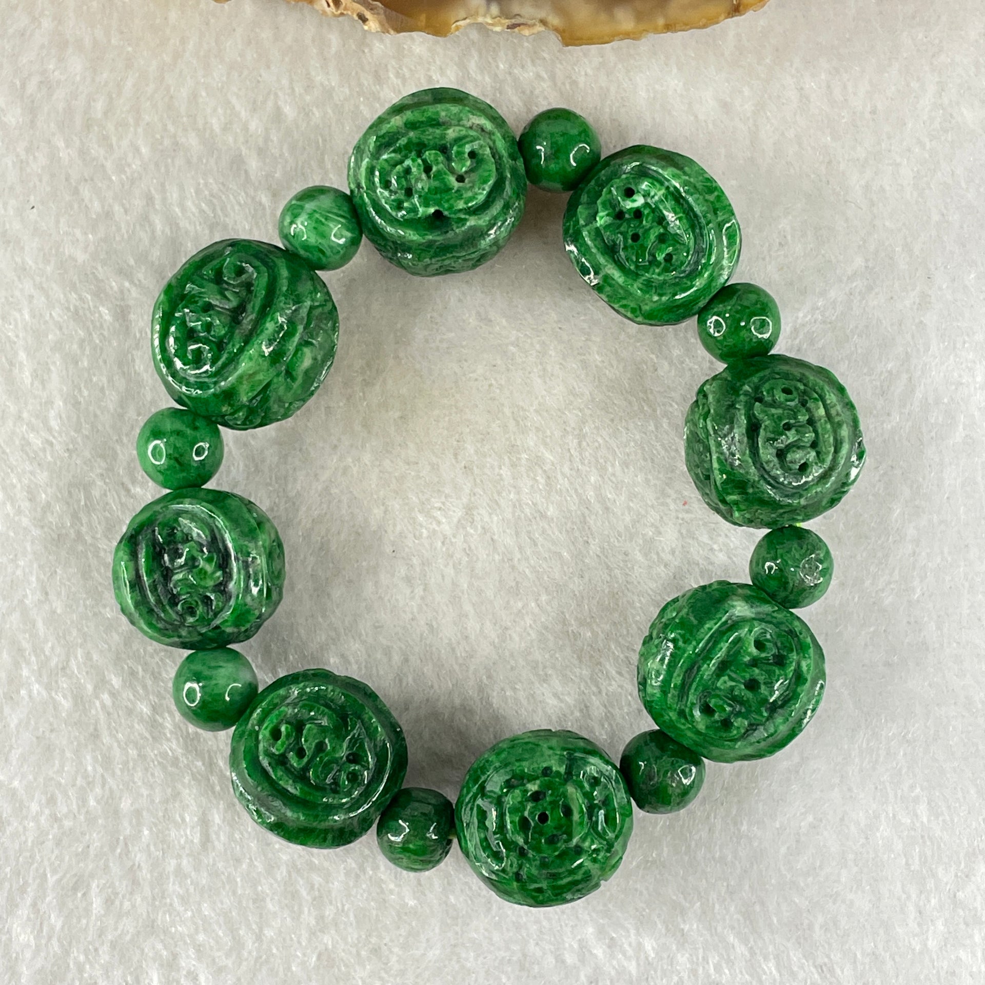 Antique Natural Type A Old mine Spicy Green Jadeite Dragon and Bat Bracelet 46.77g 14.8 by 13.9 by 15.6mm 12cm - Huangs Jadeite and Jewelry Pte Ltd