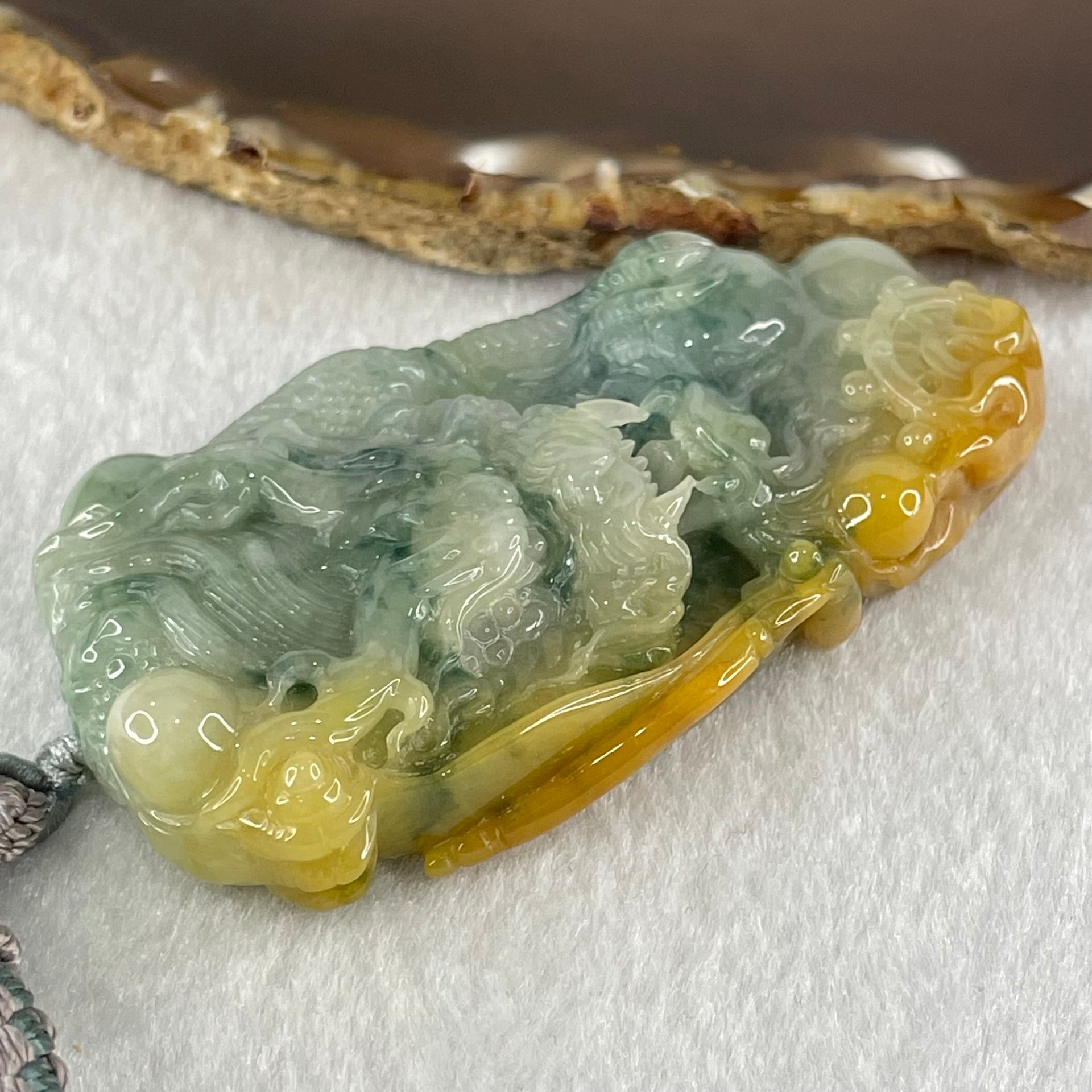 Type A Blueish Green and Yellow with Dark Blueish Green Piao Hua Jadeite Double Sided Dragon Pendant Necklace 89.28g 73.2 by 41.2 by 14.3mm - Huangs Jadeite and Jewelry Pte Ltd
