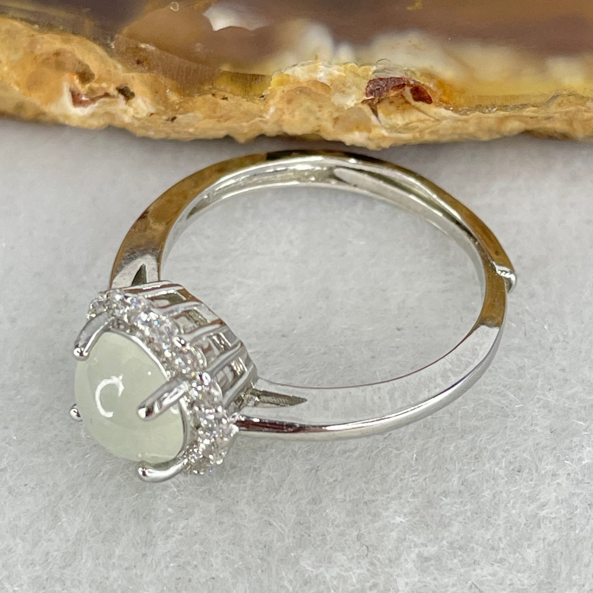 Type A Semi Icy Faint Green Jadeite Cabochon in S925 Sliver Ring (Adjustable Size) 2.04g 6.5 by 4.0mm - Huangs Jadeite and Jewelry Pte Ltd