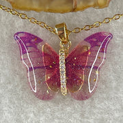 Man Made Pink Butterfly Pendant with Gold Color Necklace 3.39g 25.4 by 17.6 by 4.2mm - Huangs Jadeite and Jewelry Pte Ltd