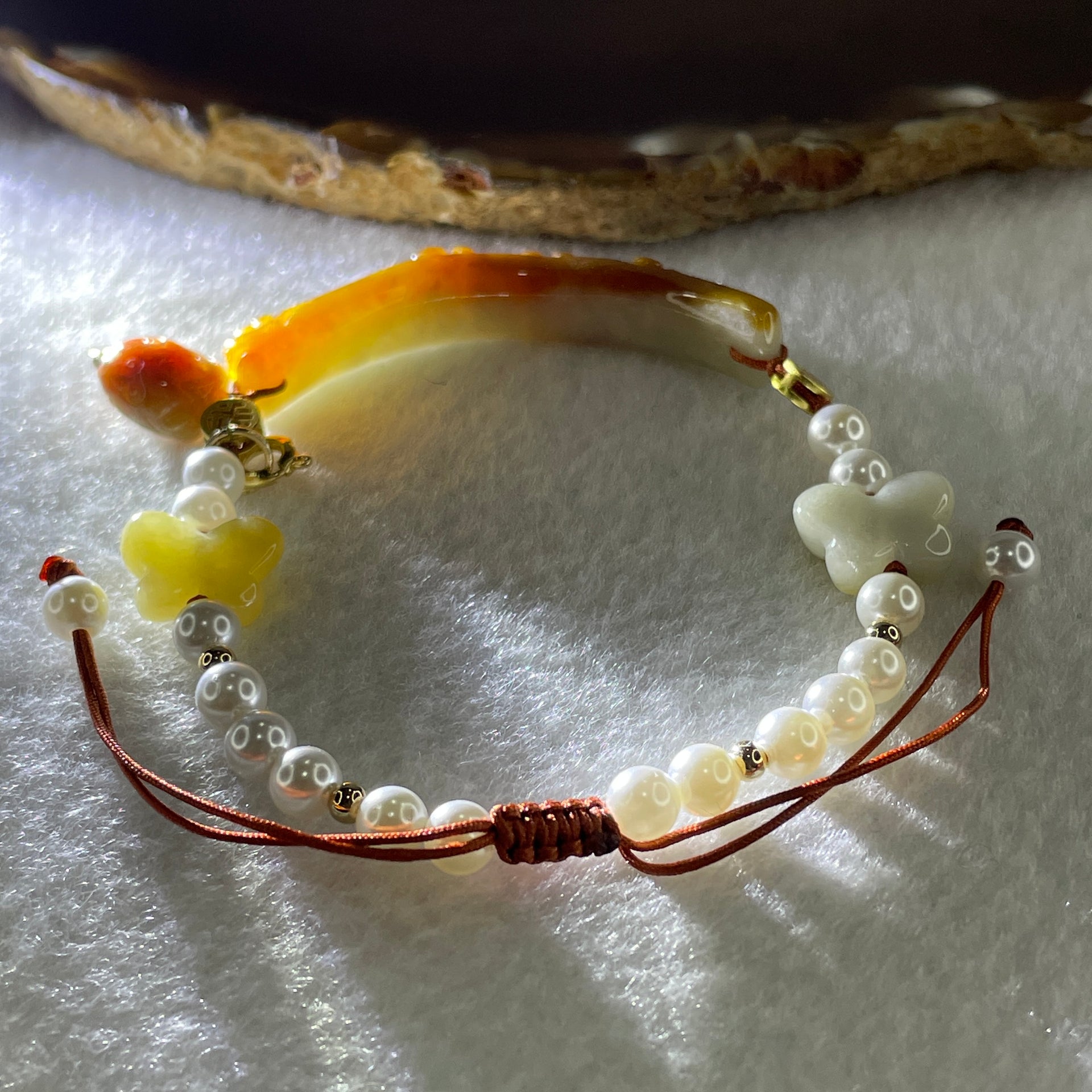 Natural Type A Brownish with Green Jadeite Flowers with Strawberry and Butterfly Charms Bracelet 14.88g 16cm 8.3 by 6.2mm - Huangs Jadeite and Jewelry Pte Ltd