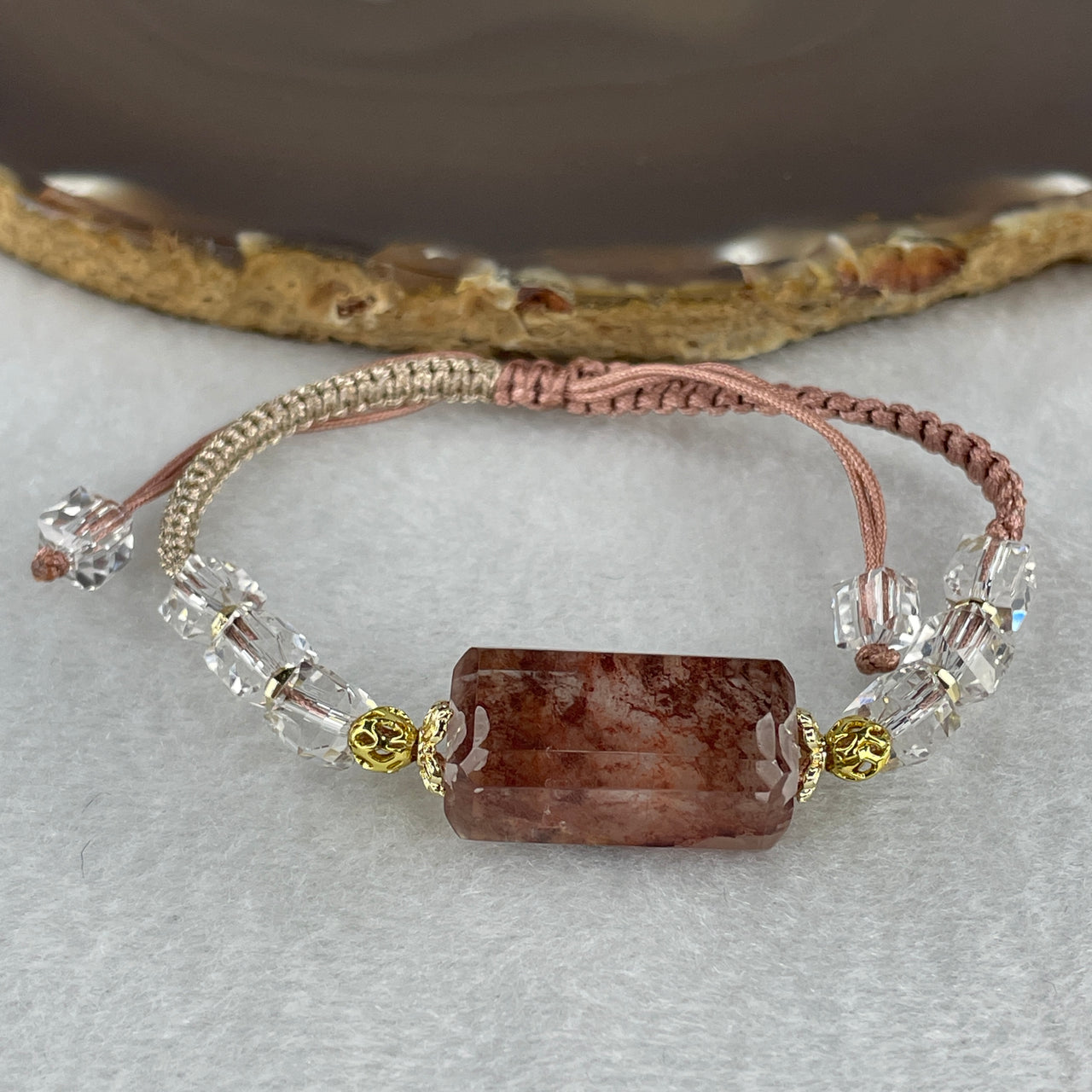 Natural Red Phantom Quartz Triangular Shape with Man Made Beads String Bracelet 10.96g 15-18cm 23.6 by 12.3 by 9.8mm 1 Bead - 6.4mm 6 Pcs