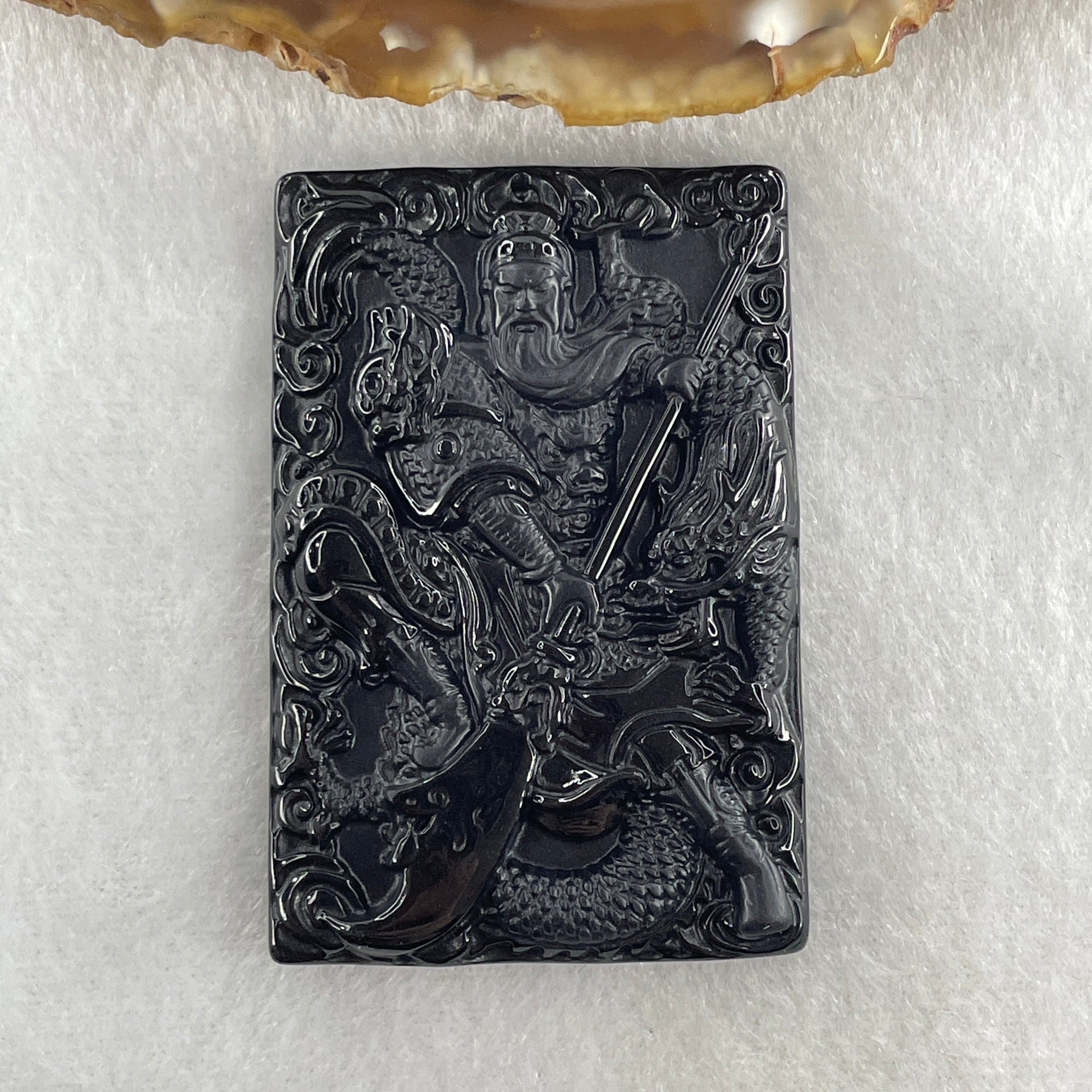 Type A Opaque to Partial Translucent Black Omphacite Jadeite Guan Gong with Dragon Pendant 26.12g 57.7 by 38.8 by 7.8mm - Huangs Jadeite and Jewelry Pte Ltd