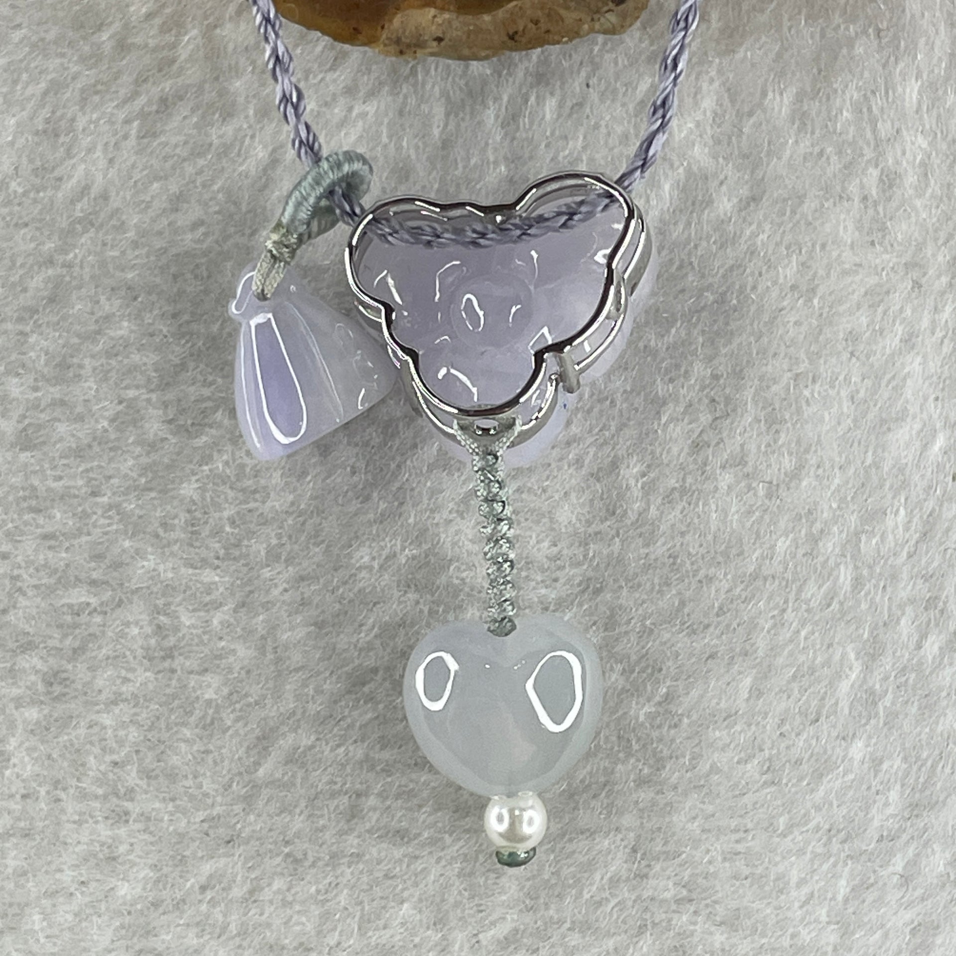 Natural Type A Light Lavender Jadeite Lotus Flower with Heart Shape on String Necklace 6.97g 14.5 by 16.8 by 8.8mm - Huangs Jadeite and Jewelry Pte Ltd