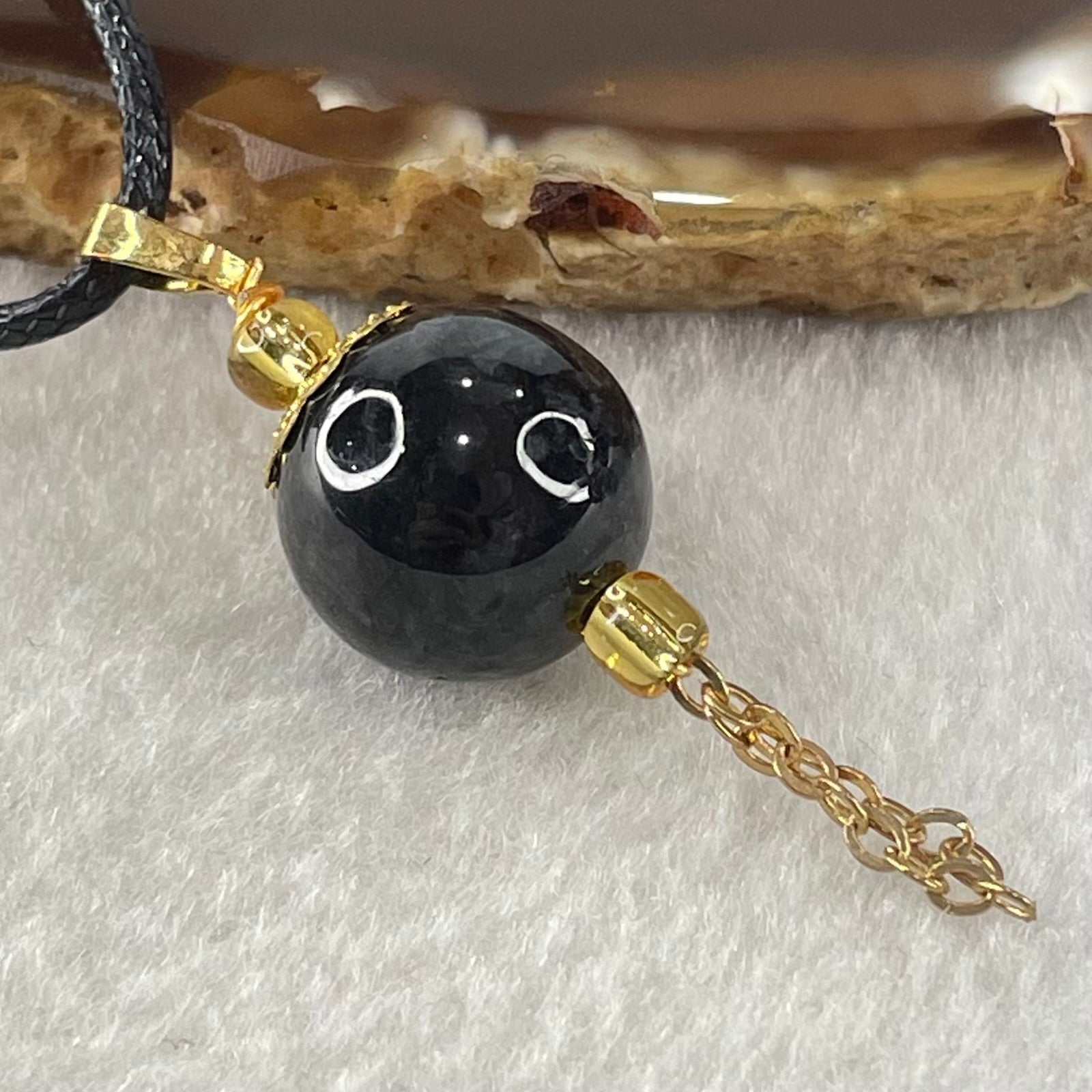 Type A Opaque Wuji Black Jadeite Bead Pendant with Black String Necklace 5.74g 13.3mm - Huangs Jadeite and Jewelry Pte Ltd
