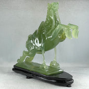Natural Semi Icy Green Serpentine Victory Horse with Wooden Stand Display 2,644.2g 270.0 by 96.0 by 260.0mm - Huangs Jadeite and Jewelry Pte Ltd