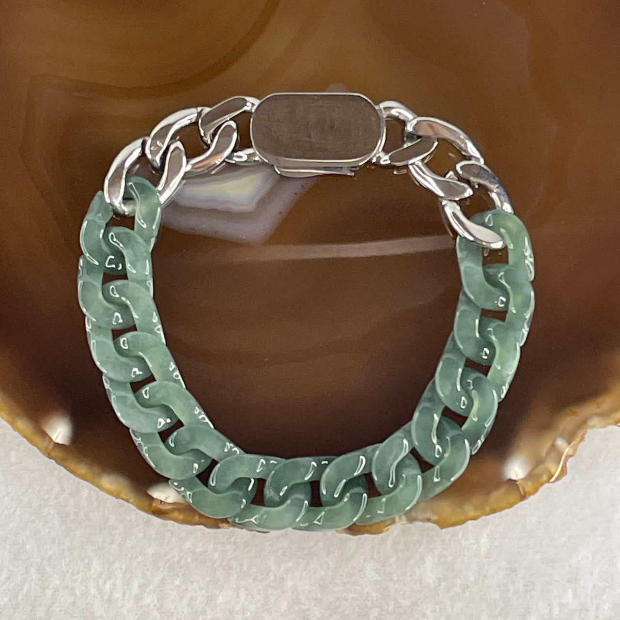 Certified Natural Type A Semi Icy Blueish Green Jadeite Cuban Tennis Bracelet with Metal Clasp 30.86g 18cm 12.6 by 17.4 by 3.5mm 14Pcs