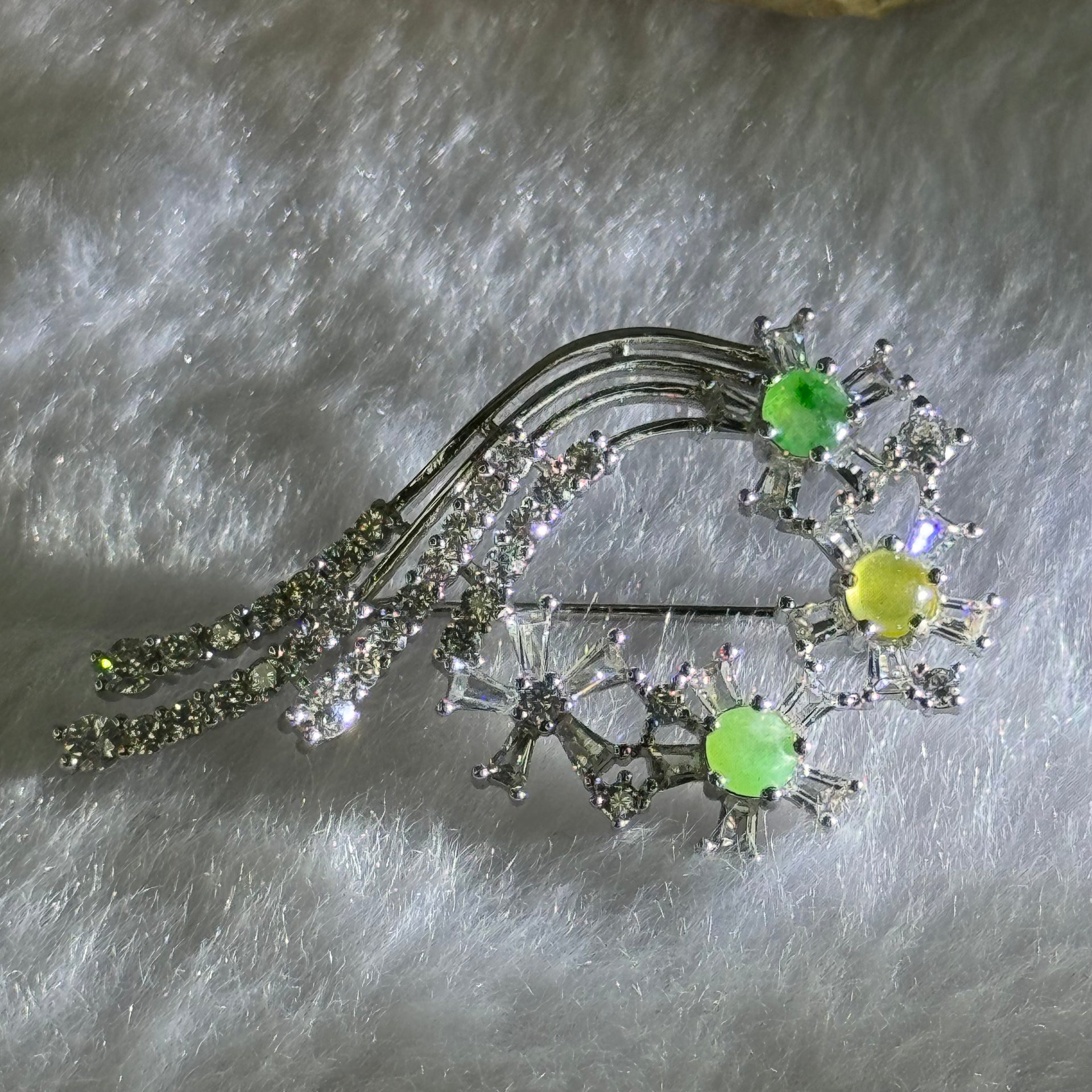 Type A Green Yellow Jadeite with Crystals in S925 Sliver Brooch 4.05g 3.6 by 1.5mm 3pcs - Huangs Jadeite and Jewelry Pte Ltd